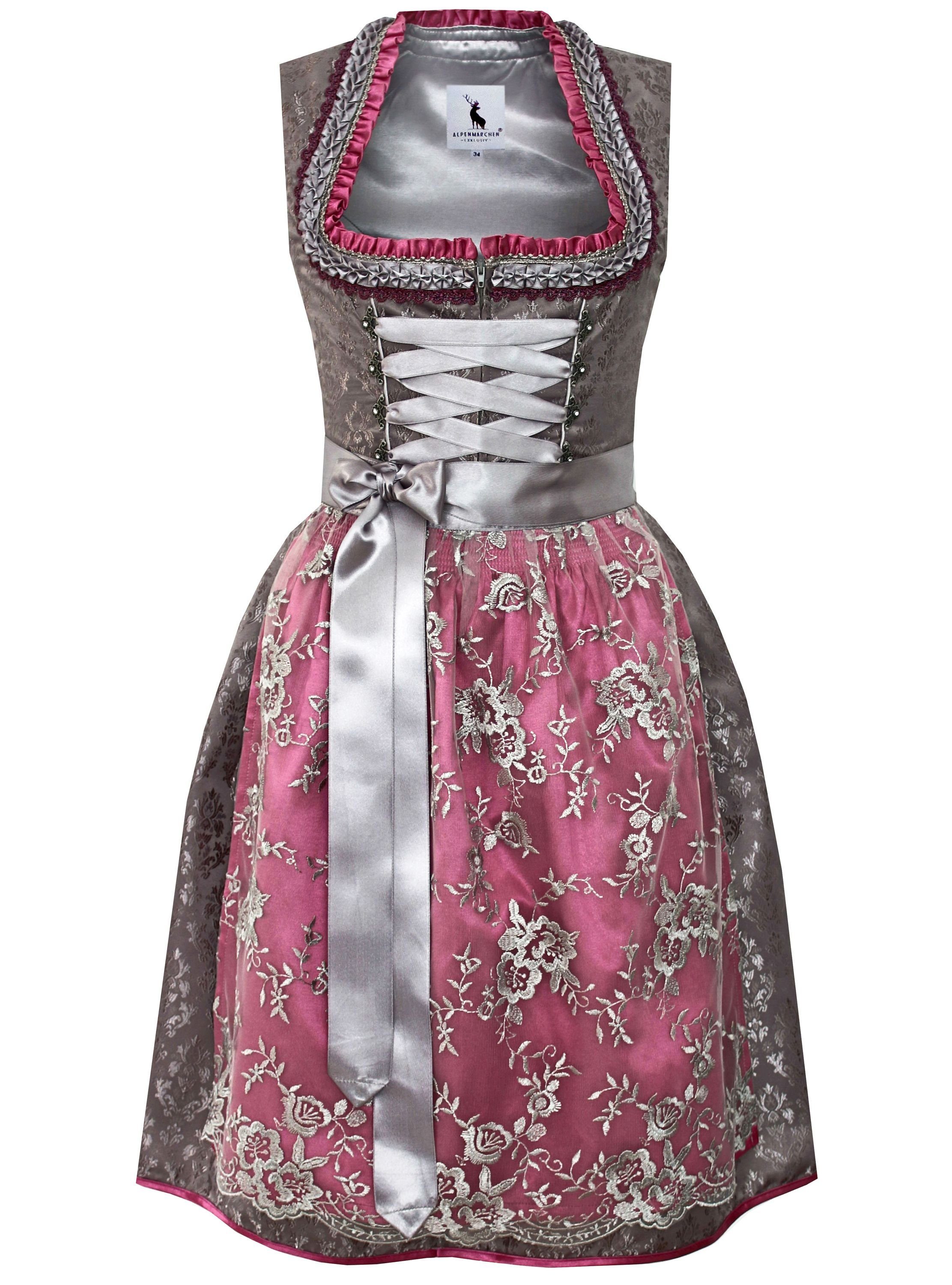 Alpenmärchen Alm1014 Dirndl Midi Exclusive Collection met schort, maat 32-54, lichtbruin-crème, 52 NL