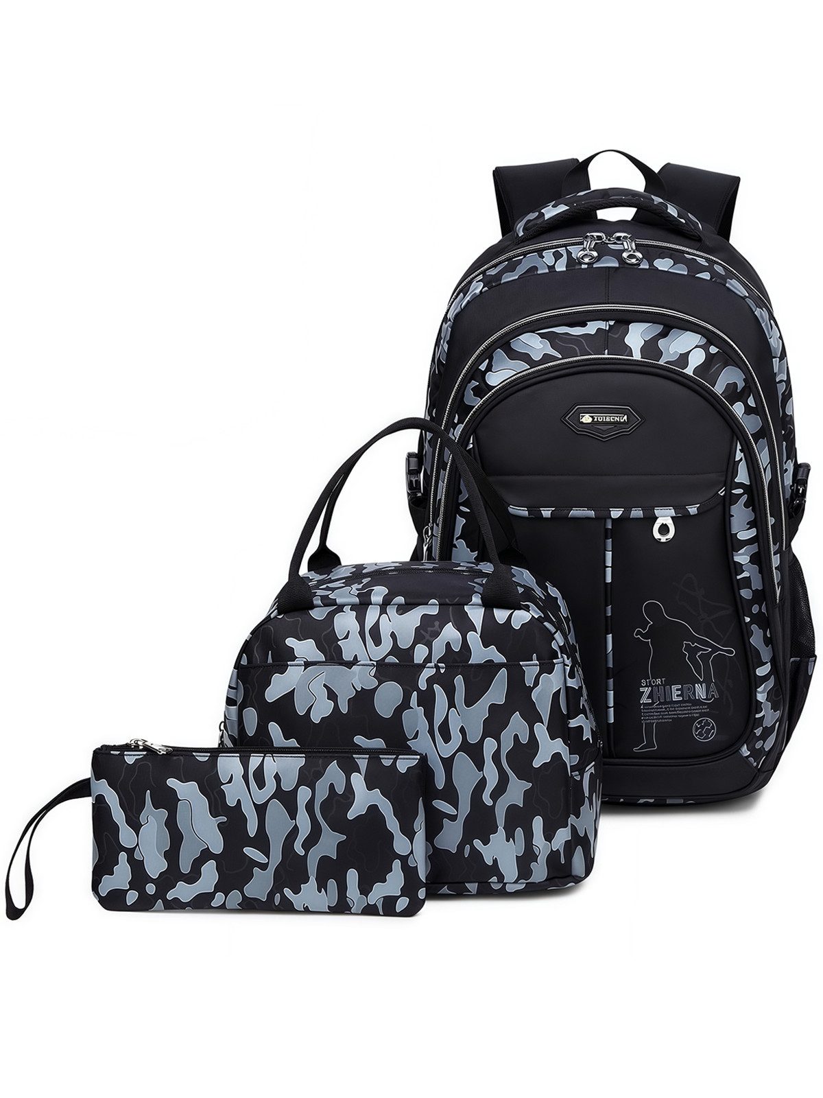 MOPUEA Schulrucksack Schulrucksack-Set Jungen Teenager coole Camouflage-Büchertaschen, mit Lunchbox, Federmäppchen, 3-teilig