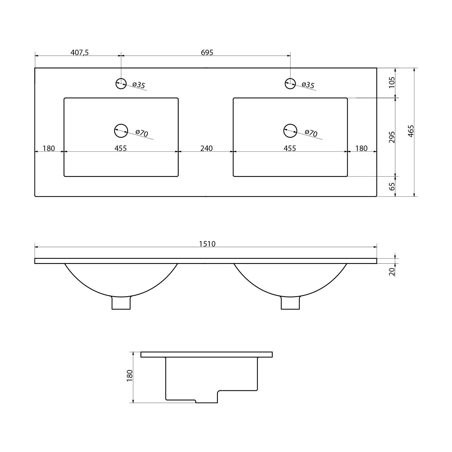 Sapho Doppelwaschtisch SLIM Keramik Doppelwaschbecken 150x46cm, Weiß