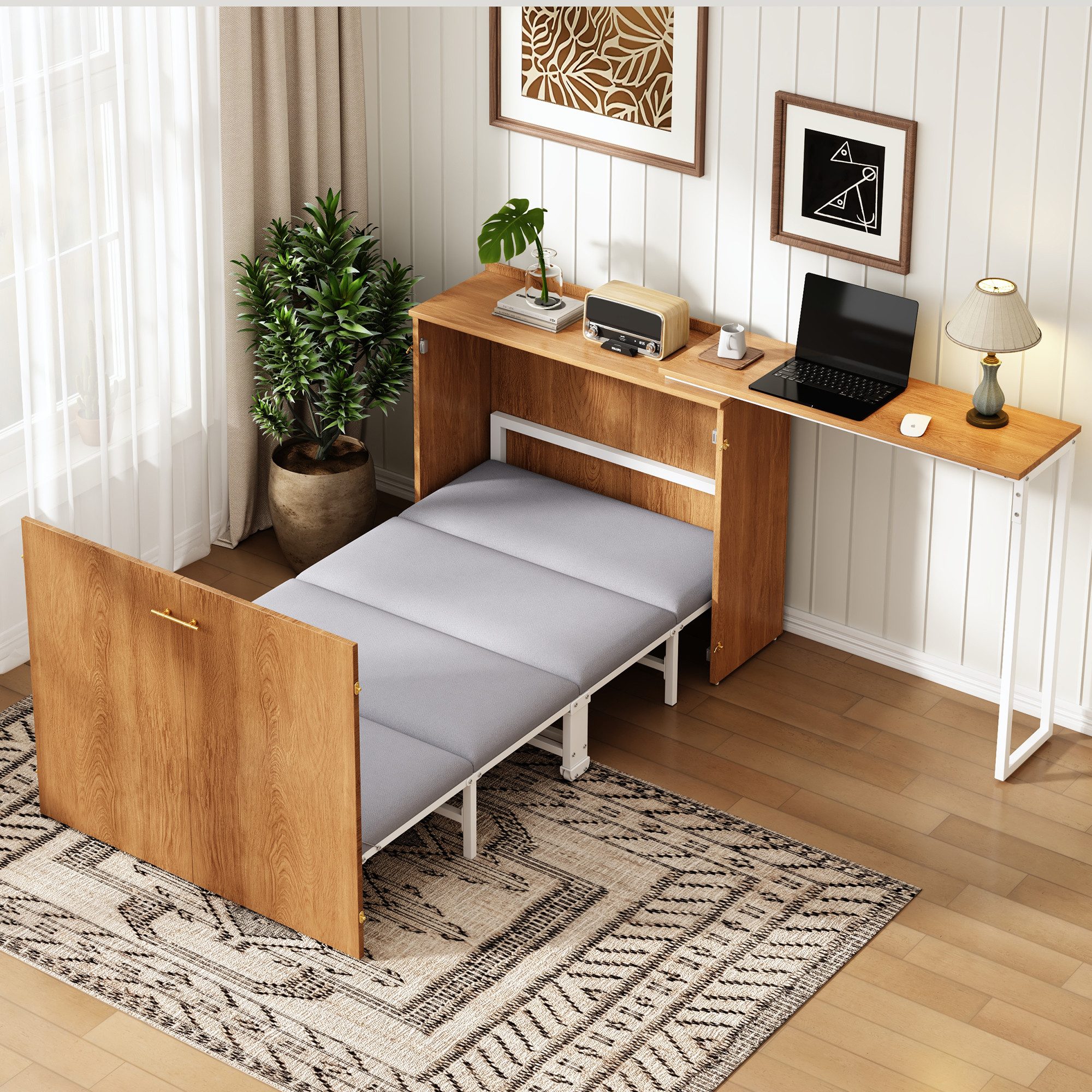 Klappbett für kleine räume Holzbett mit drehbarem Schreibtisch und Matratze