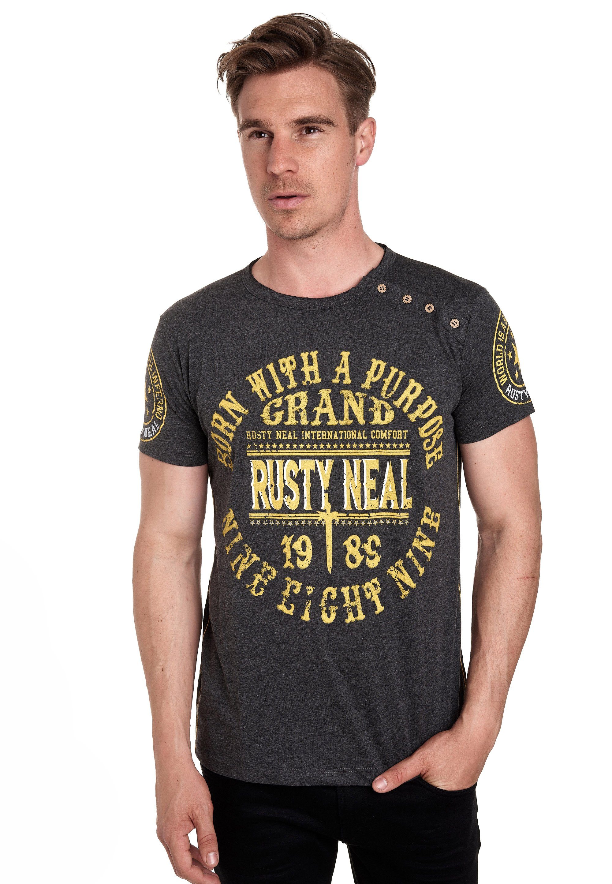 Rusty Neal T-Shirt mit anthrazit Knopfleiste seitlicher