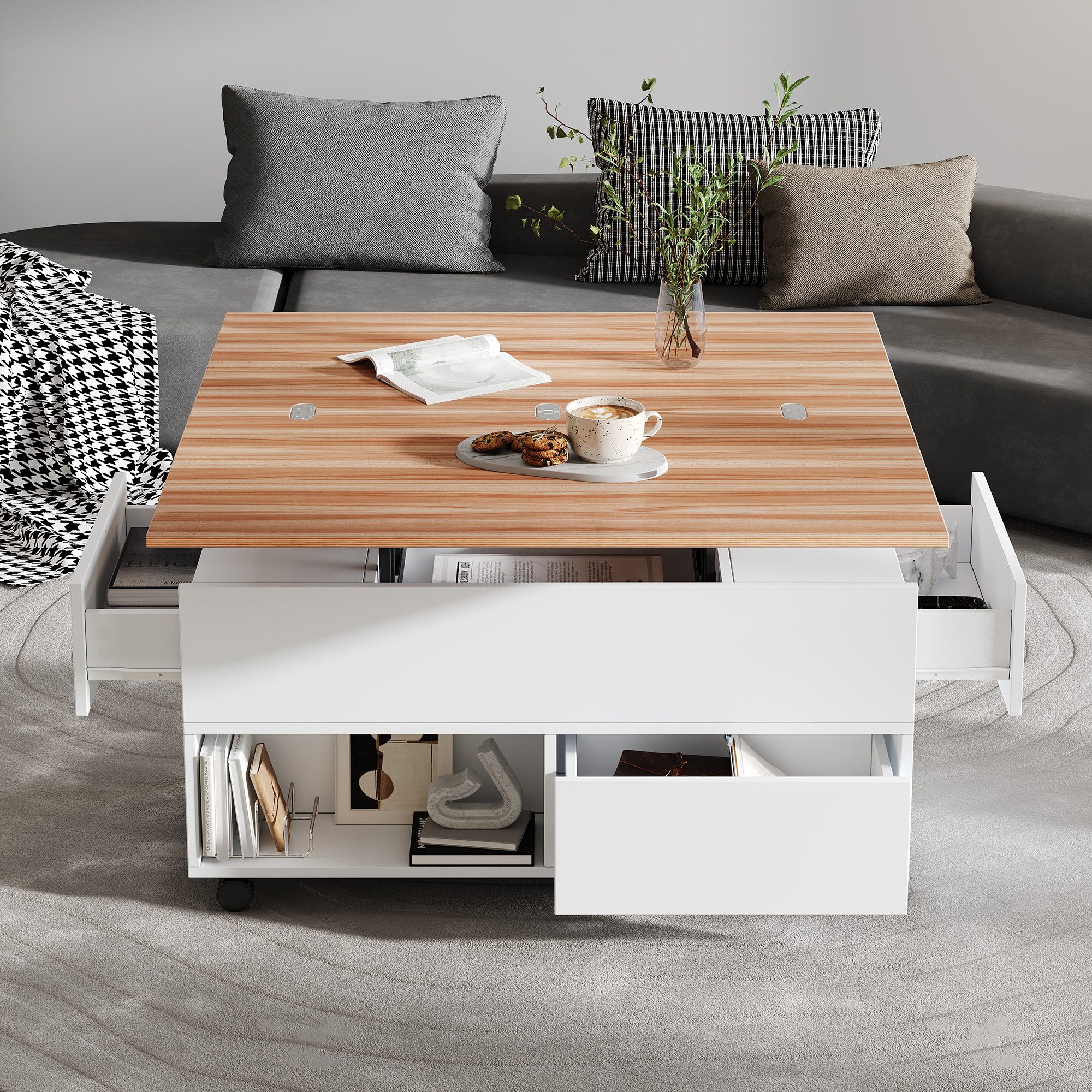 Merax Couchtisch höhenverstellbarer Sofatisch Beistelltisch anhebbarer Tischplatte (1-St., 100x50x52cm), Wohnzimmertisch mit ausklappbarer Esstisch, 4 Schubladen & Stauraum