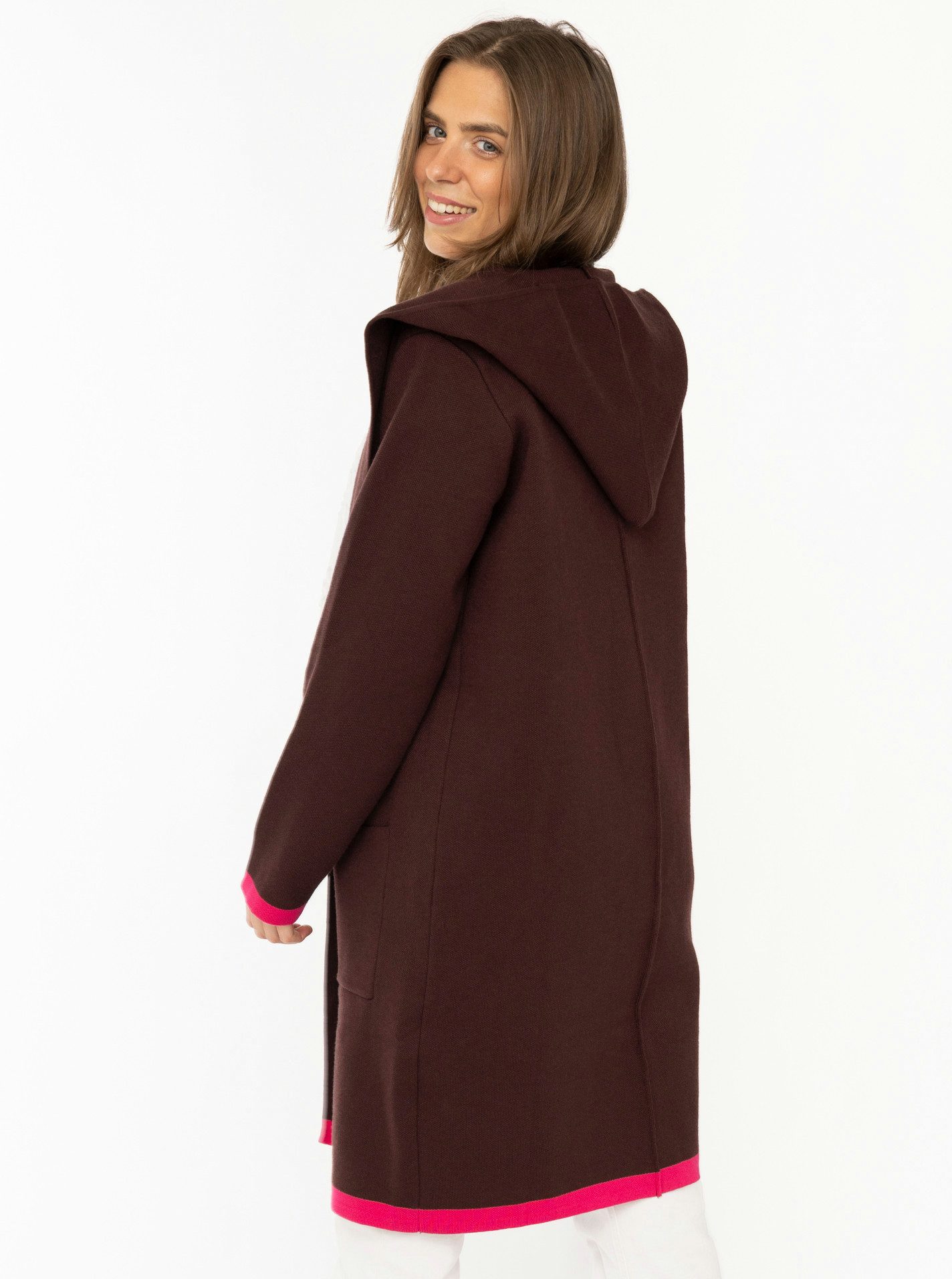 Zwillingsherz Cardigan "Mona" Kapuze, Taschen, Kontrast-Kanten, Langarm, ohne Verschluss – Bild 2 von 5