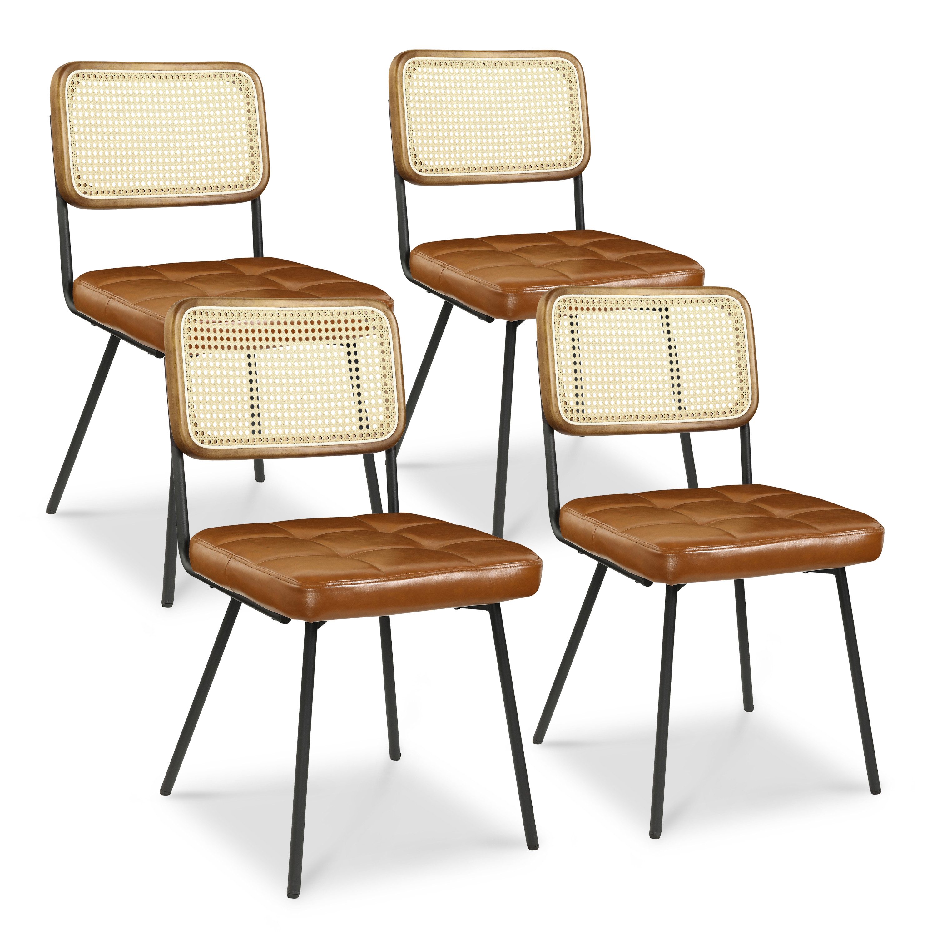Art Leon Esszimmerstuhl CC061-New (Rattan Stühle Esszimmerstühle 2er Set Mid Century Moderne Farbe in Grün/Beige/Gelbbraun, 4 St), Rattan Cane Küchenstuhl mit schwarzen pulverbeschichteten Metallbeinen