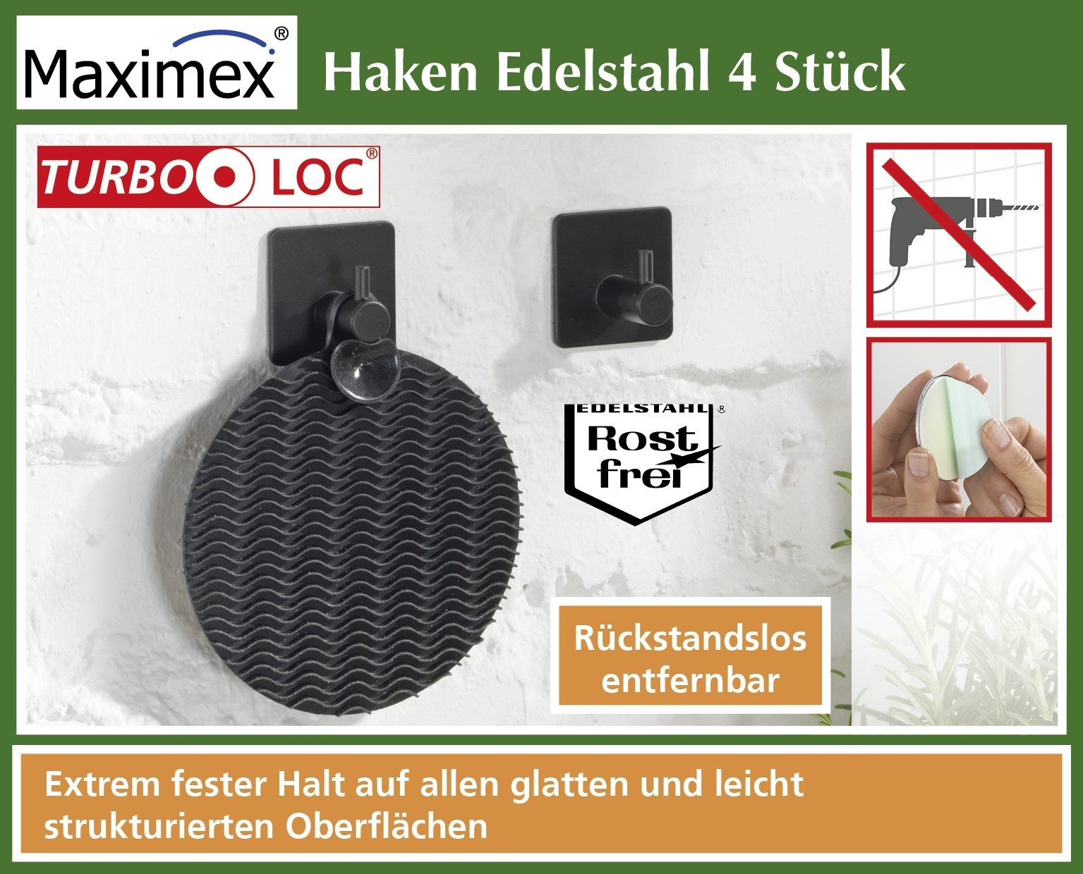 Handtuchhaken Turbo-Loc® Haken Edelstahl schwarz 4er Set