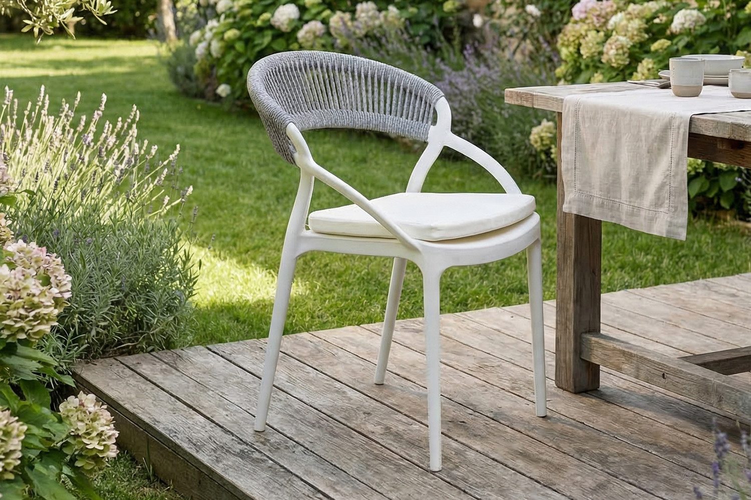 KAWOLA Gartenstuhl KISO Outdoor, Rückenlehne in Rope-Design, Sitzkissen (1 St), Balkonstuhl, wetterfest, wasserabweisend, moderne Flecht-Optik