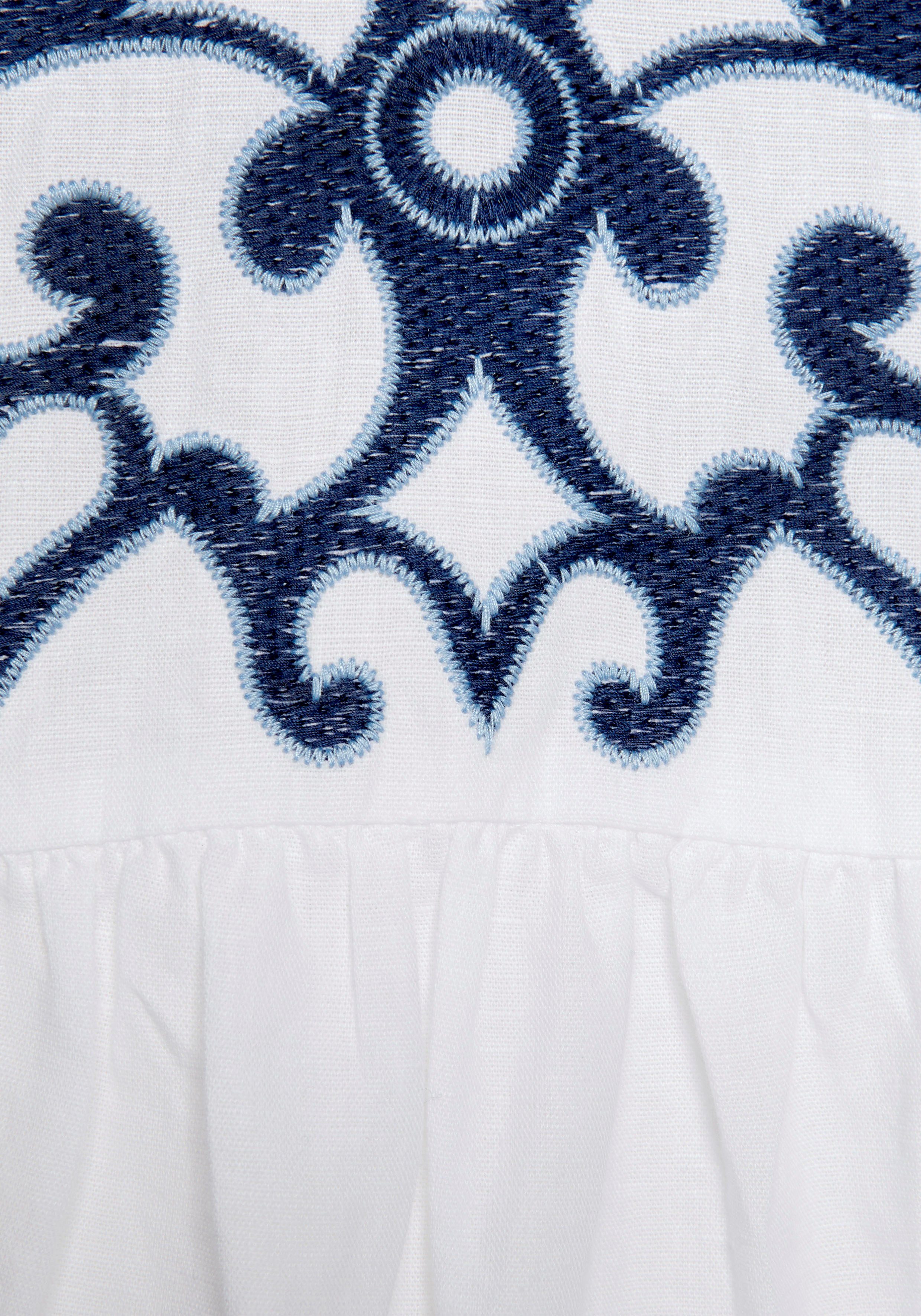 LASCANA Langarmbluse Tunika weiß-blau Damenbluse, aufwendiger mit Stickerei