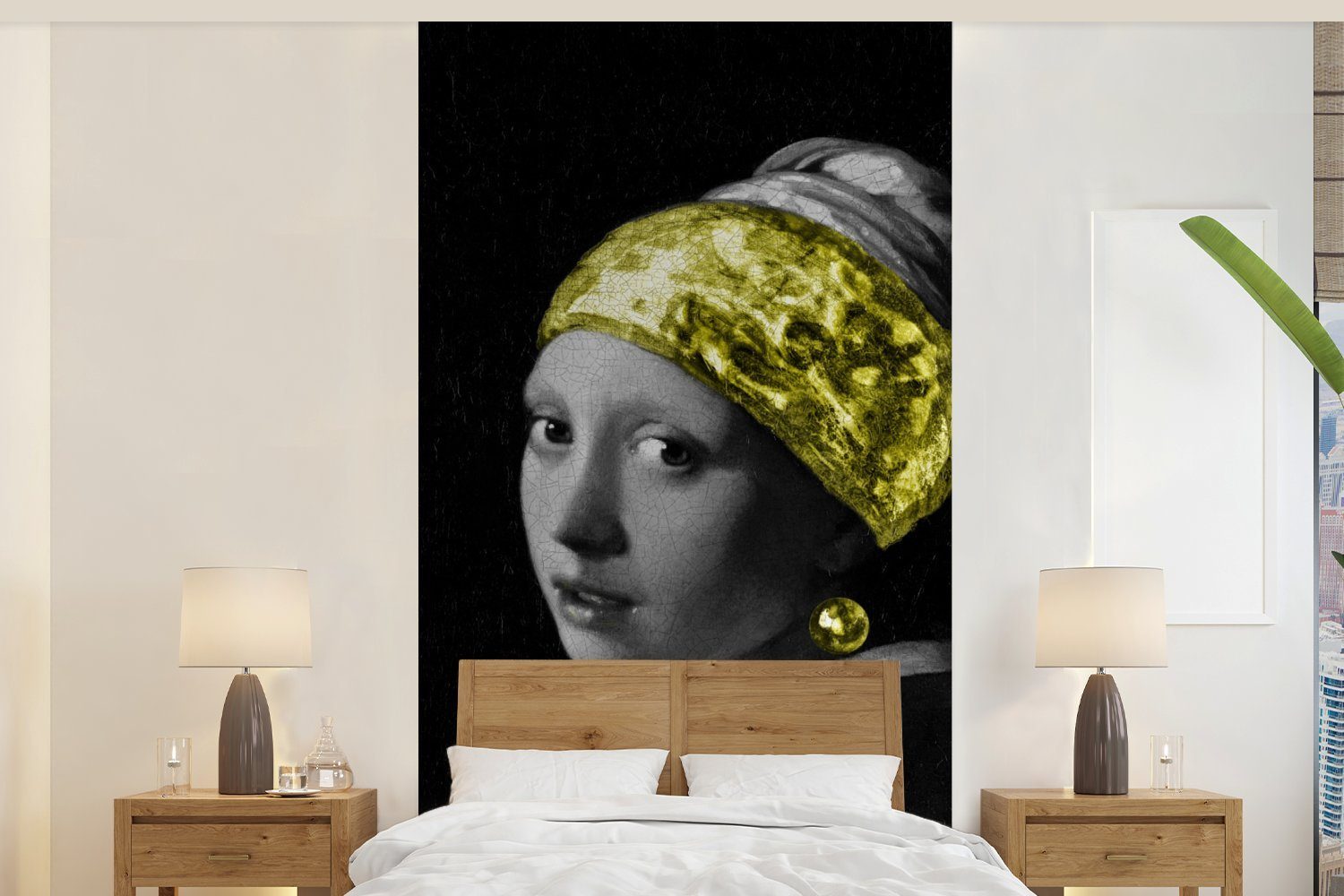 MuchoWow Fototapete Mädchen mit einem Perlenohrring - Schwarz - Gold, Matt, bedruckt, (2 St), Vliestapete für Wohnzimmer Schlafzimmer Küche, Fototapete