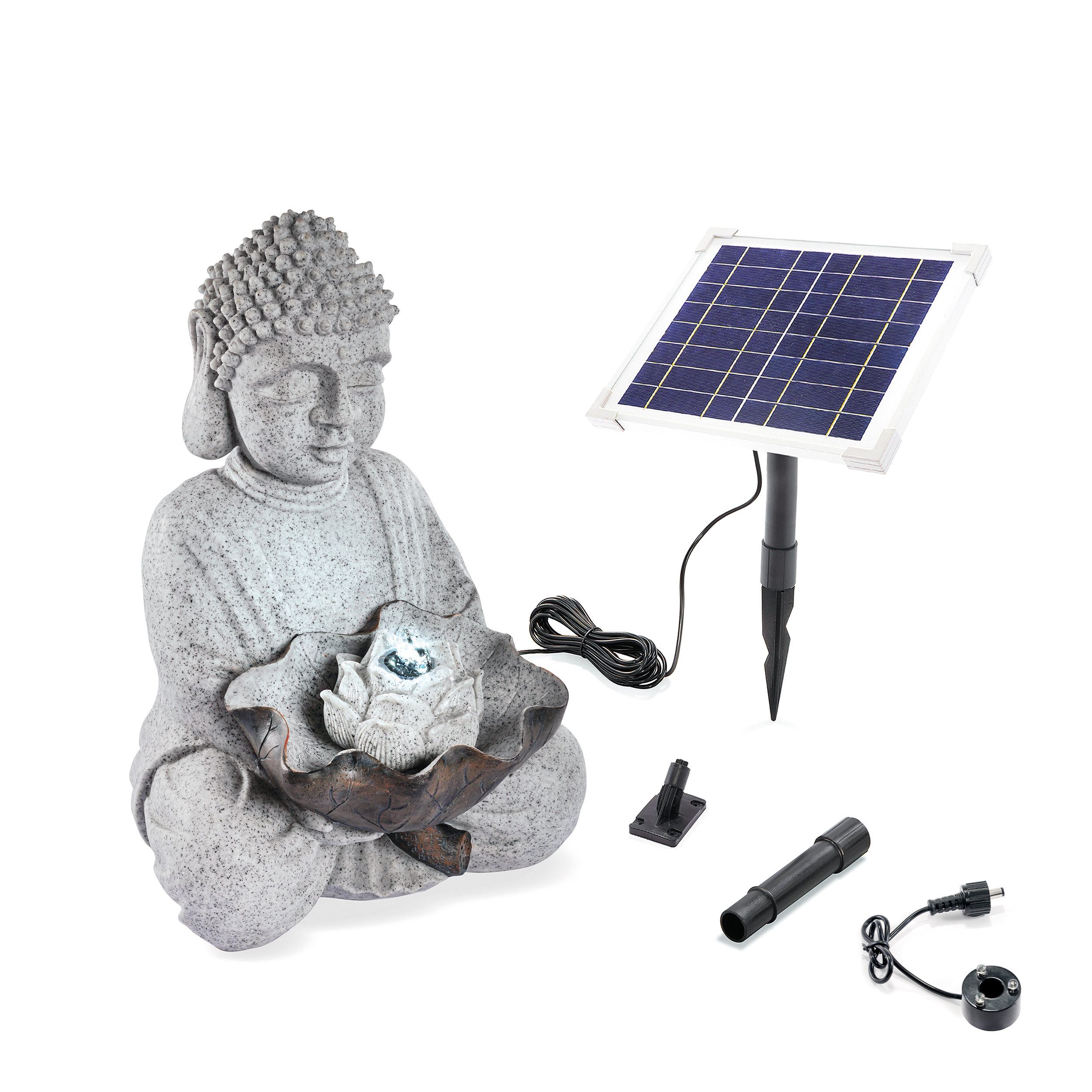 esotec Gartenbrunnen Solarbrunnen Buddha mit 2-farbiger LED-Beleuchtung + Akku H43cm 101327, (Komplettset)