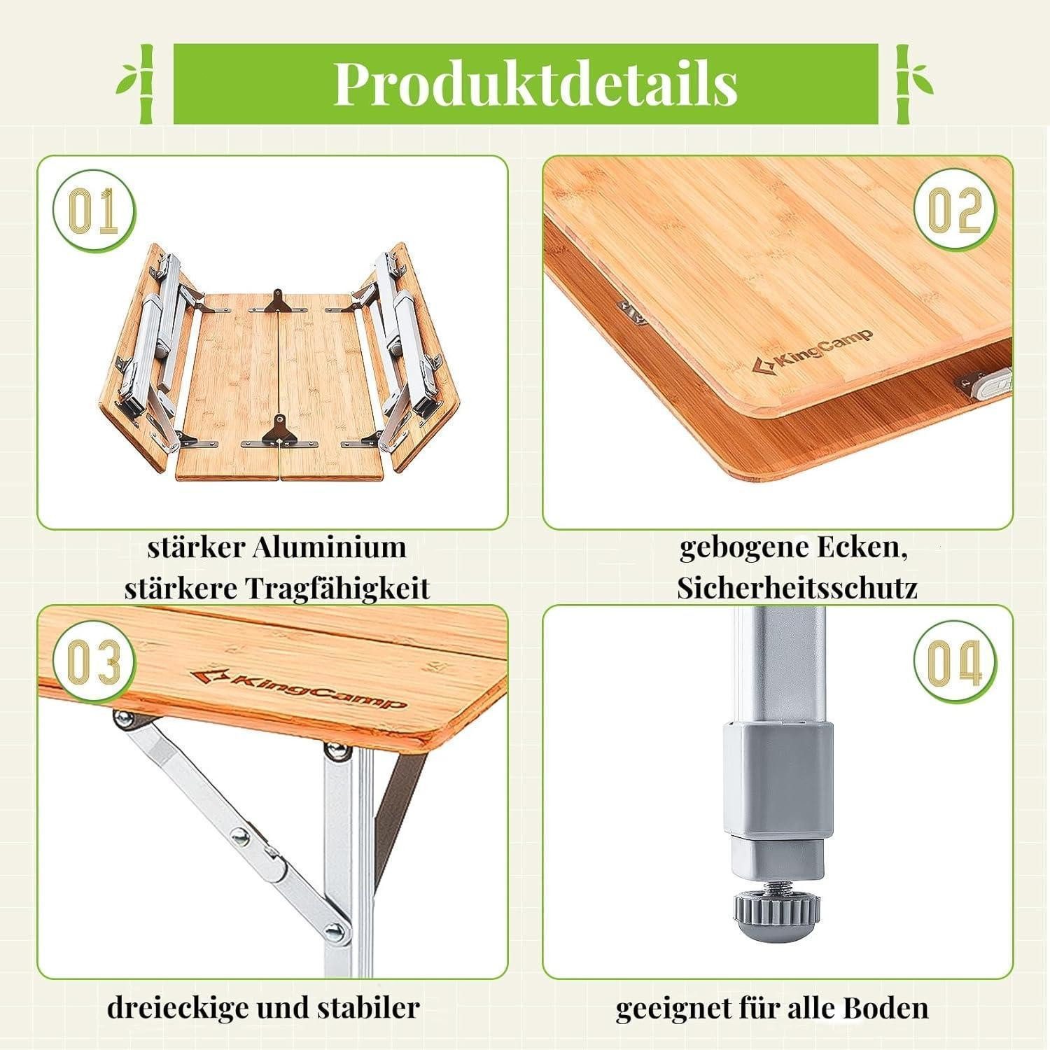 LuxusKollektion Campingtisch Campingtisch Bambus klappbar höhenverstellbar 3 Höhen - 100x65cm