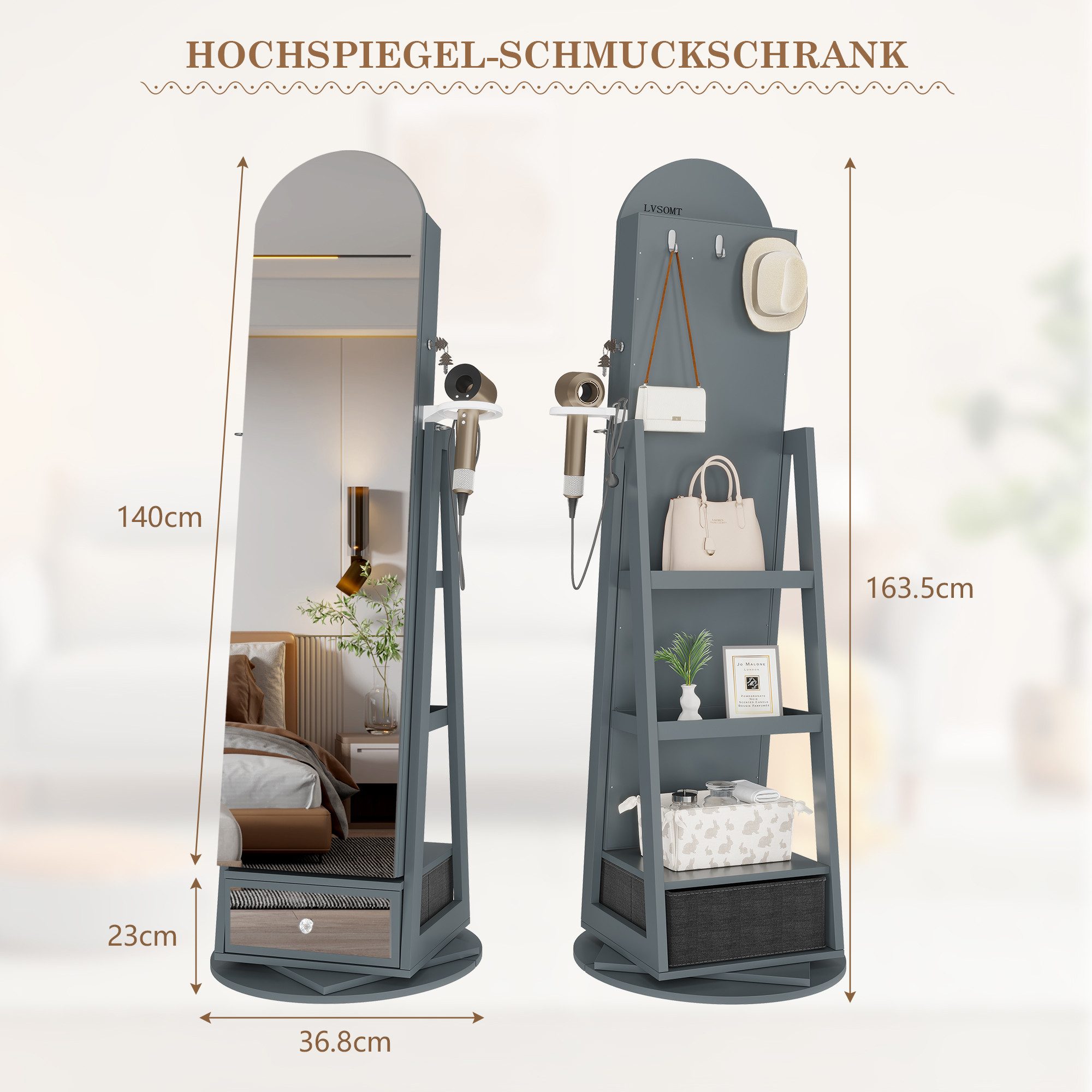 LVSOMT Schmuckschrank 360° Drehbar, LED Bogen günstig online kaufen