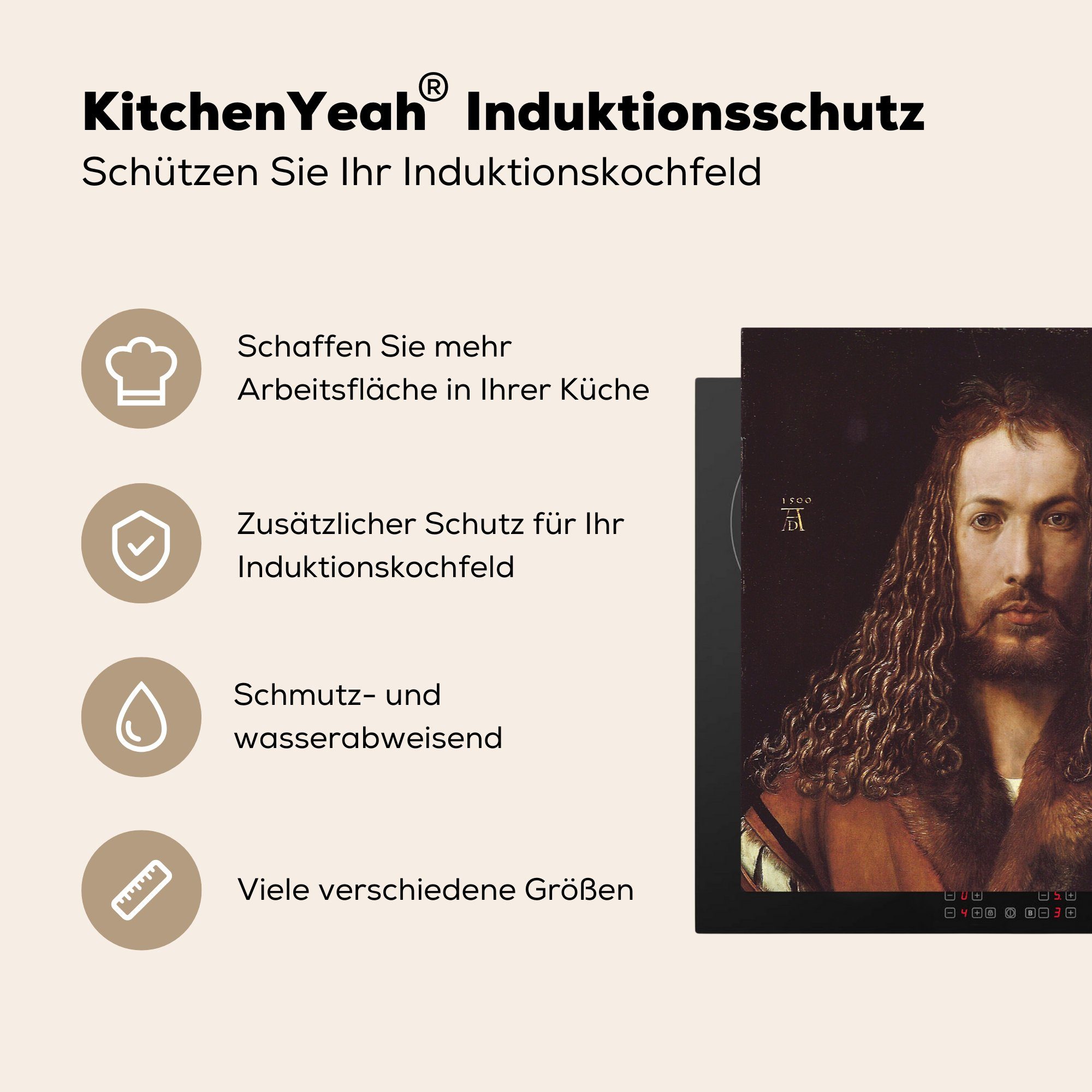 MuchoWow Herdblende-/Abdeckplatte Selbstbildnis - Albrecht Vinyl, küche Arbeitsplatte Dürer, Ceranfeldabdeckung, 78x78 cm, für (1 tlg)
