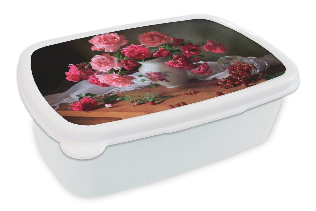 MuchoWow Lunchbox Rosen - Stilleben - Rosa, Kunststoff, (2-tlg), Brotbox für Kinder und Erwachsene, Brotdose, für Jungs und Mädchen weiß