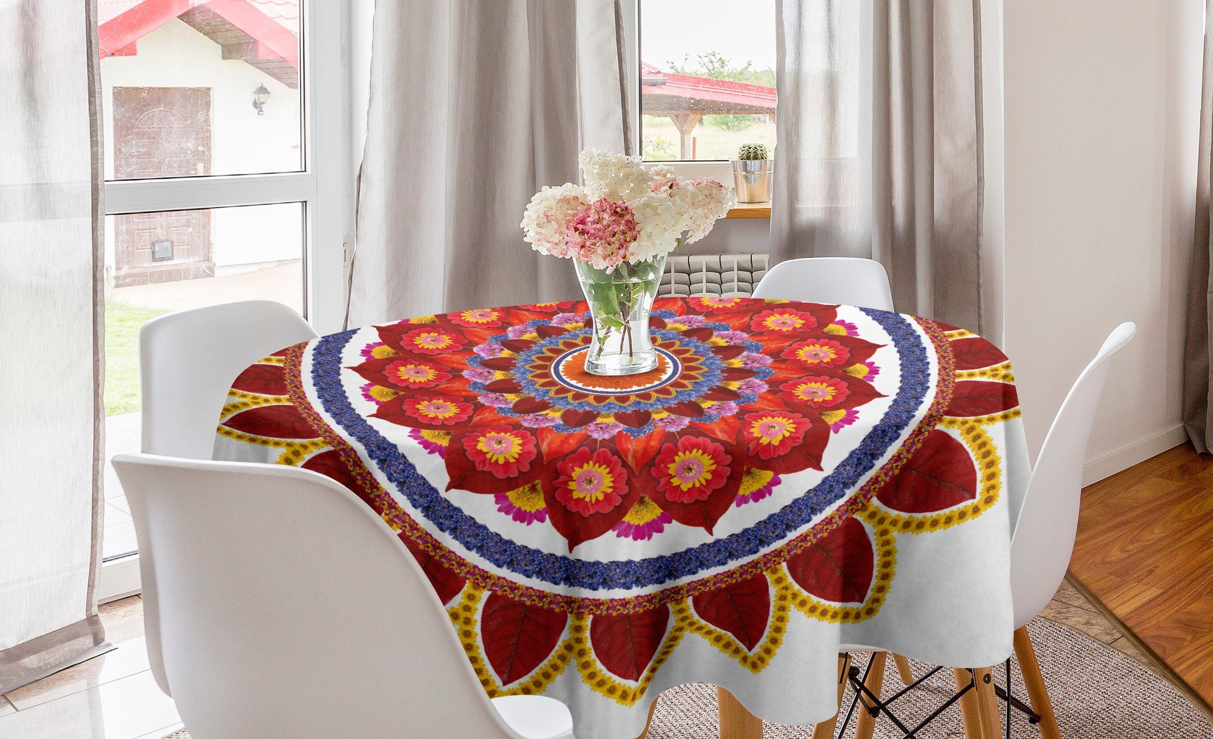 Abakuhaus Tischdecke Kreis Tischdecke Joy Abdeckung Summer für Dekoration, Red Flowers Esszimmer Mandala Küche
