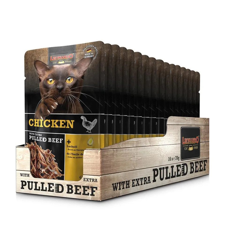 Leonardo Catfood Chicken with extra pulled Beef - Hühnchenpaté mit Rindfleisch 16x70g, Nassfutter für: Katzen