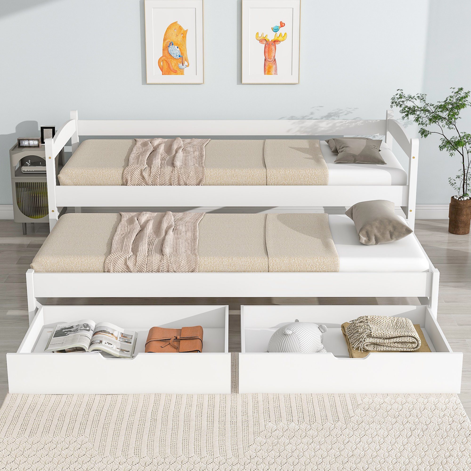 Doppelbett, Bett, Rollen Einzel- WISHDOR und Ohne unten Tagesbett, 200x90cm/190x90cm), 2 Matratze (mit Schiebebett MDF-Schubladen, mit Kinderbett