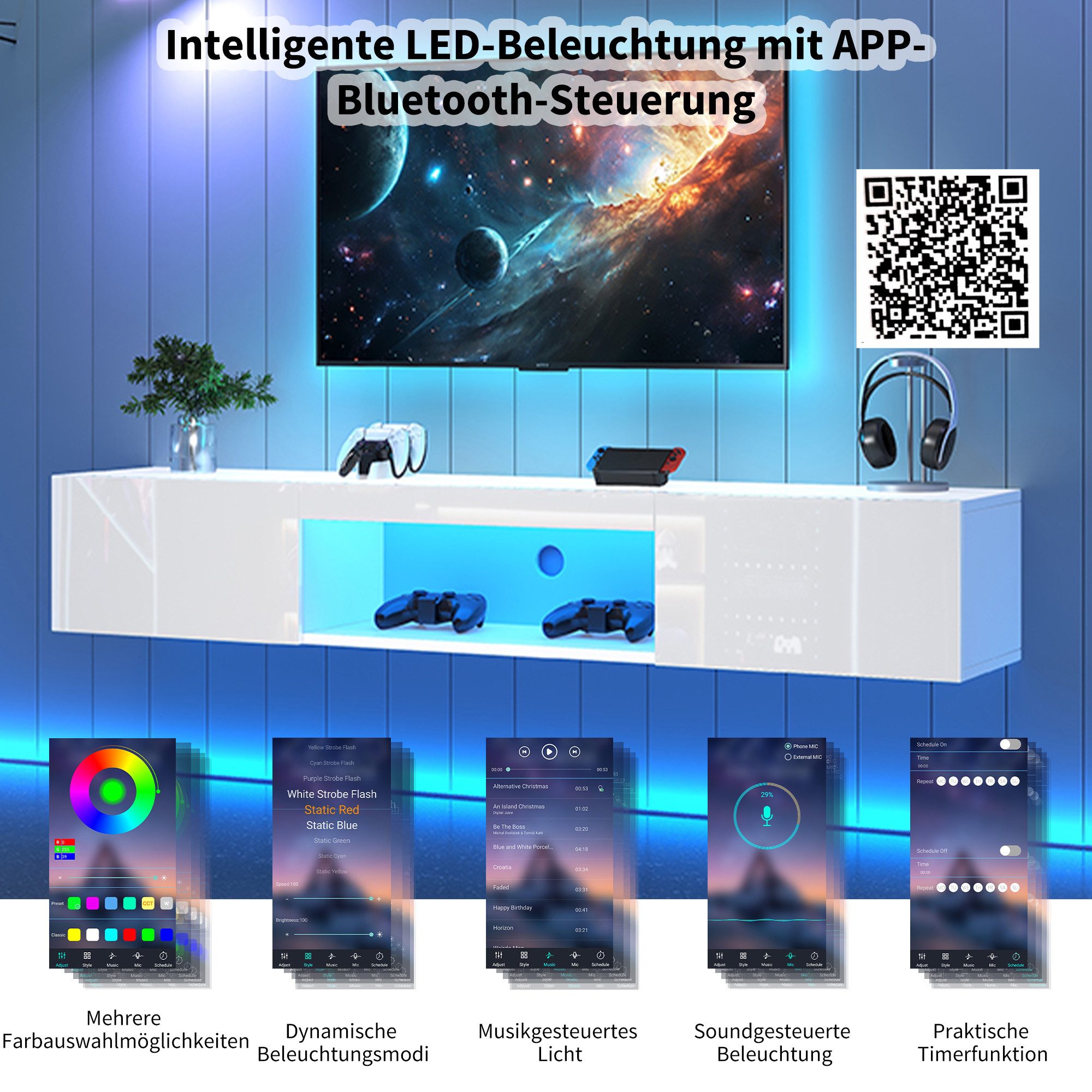 REDOM Lowboard Moderner Hochglanz-Wandschrank mit (TV-Schrank hochglanz,  TV-Board, 1 St., Breite:160cm), mit LED-Beleuchtung, Bluetooth-APP-Steuerung