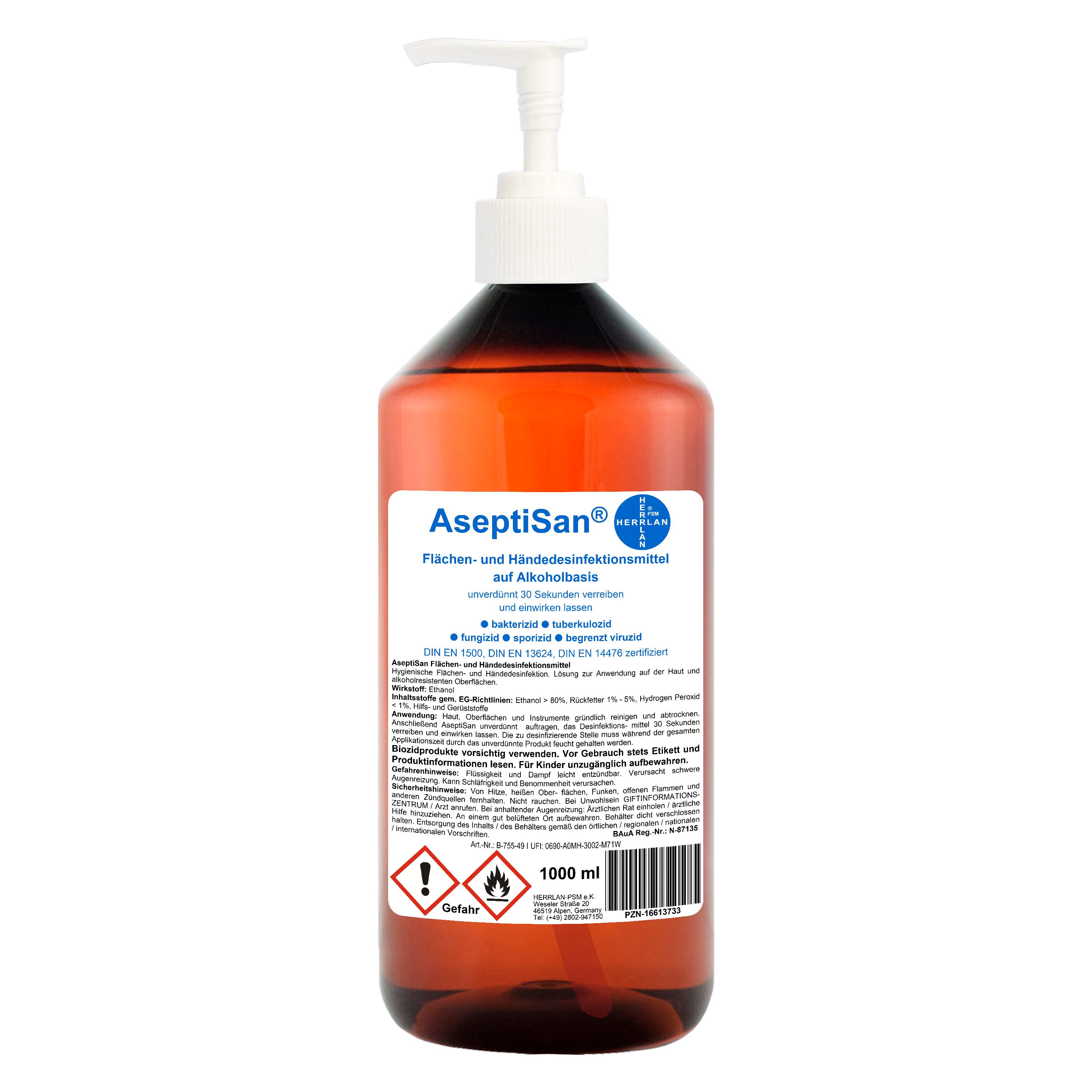 HERRLAN AseptiSan 1000 ml mit Dosierpumpe I Flächen- und Hand-Desinfektionsmittel