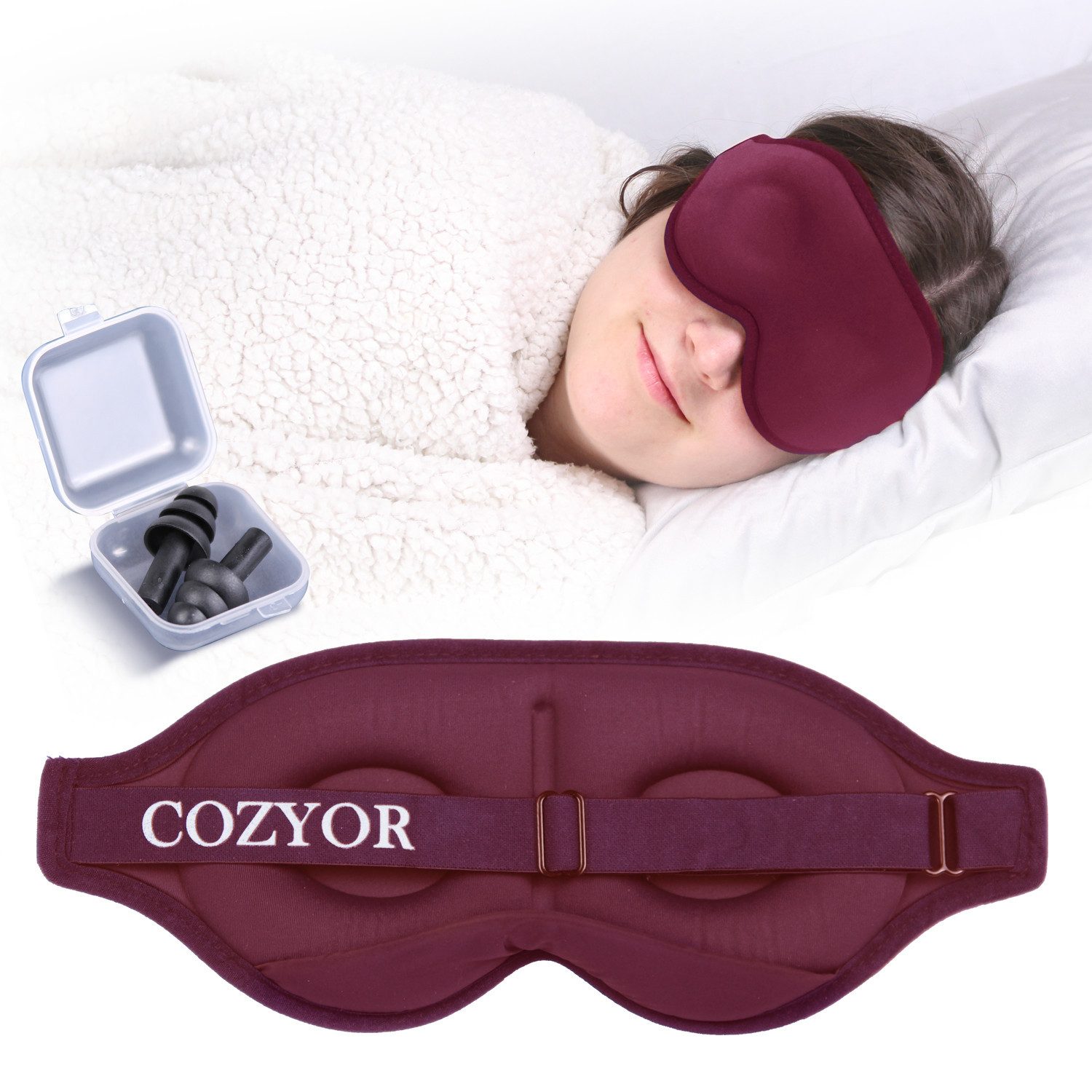 Cozyor Schlafmaske 100% Blackout-Effekt 3D Augenmaske mit ergonomischem Design, Reiseset klein & kompakt rot bordeaux Berry, Schlafmaske mit wiederverwendbaren Ohrstöpseln, extra Polsterung und variable Passform