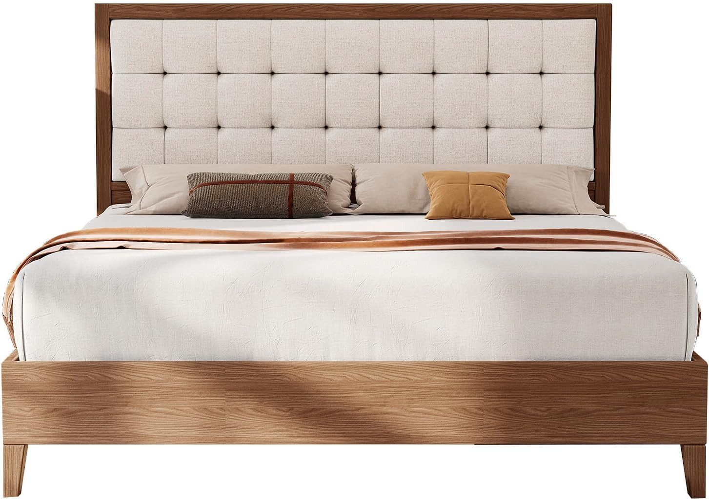 AMERLIFE Massivholzbett Gepolstertes Leinen-Kopfteil mit Knopfpolsterung (Ohne Matratze), Plattenbett Doppelbett 140 x 200 cm