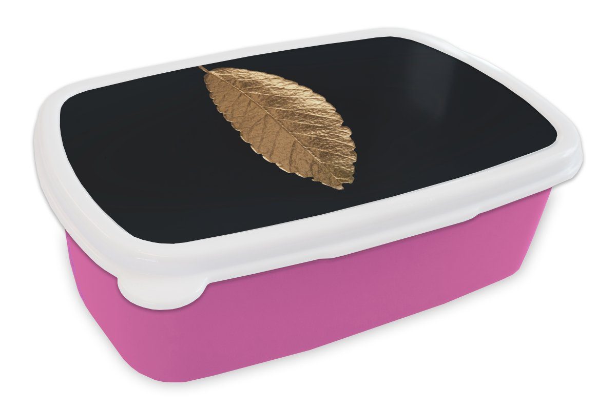 MuchoWow Lunchbox Blätter - Schwarz - Gold - Luxus - Natur, Kunststoff, (2-tlg), Brotbox für Erwachsene, Brotdose Kinder, Snackbox, Mädchen, Kunststoff rosa