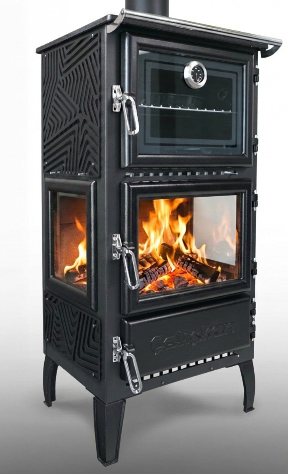 Caliskan Kaminofen Dreischeiben-Holzherd 306-3D Backfach+Herdplatte, 12.10 kW