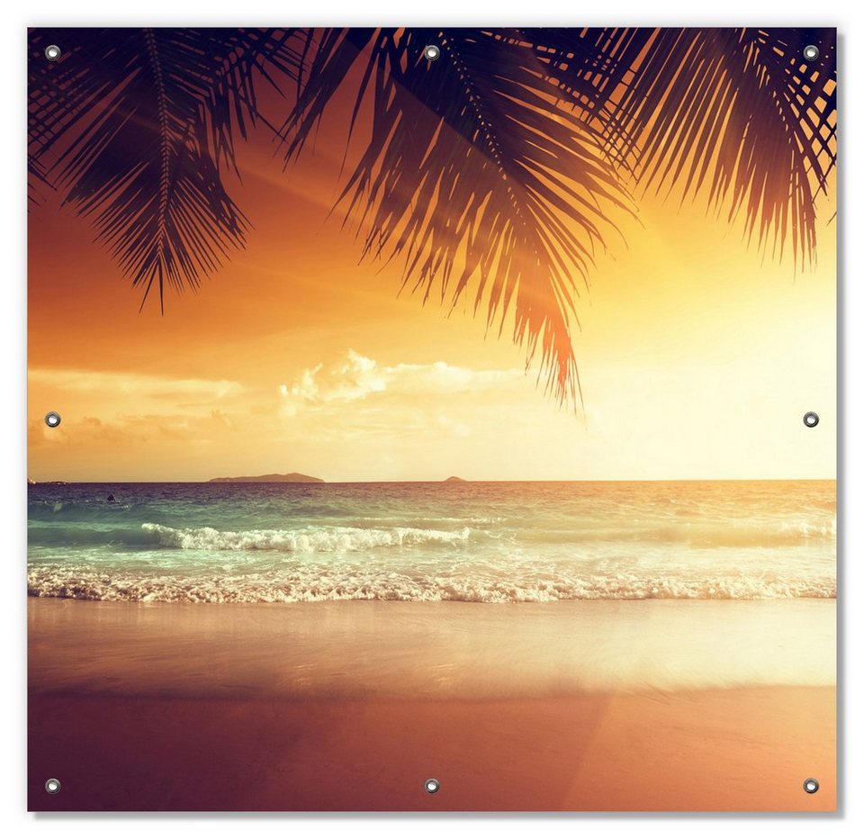 Sonnenschutz Sonnenuntergang am Strand in der Karibik, Wallario,  blickdicht, mit Saugnäpfen, wiederablösbar und wiederverwendbar