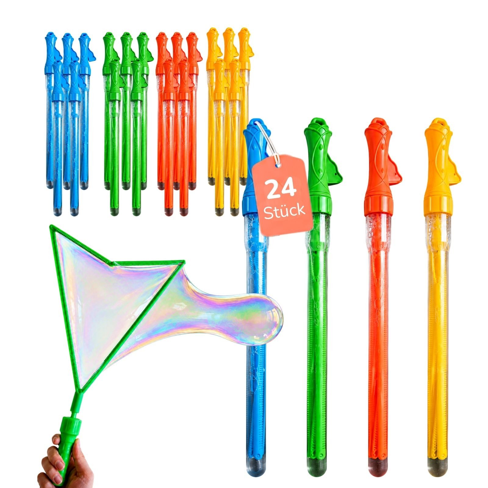 alldoro Seifenblasenstab 24er Set XXL Triangel-Seifenblasenstäbe für Riesen-Seifenblasen, Seifenblasenschwerter zum Aufklappen, je 110ml Seifenblasenflüssigkeit