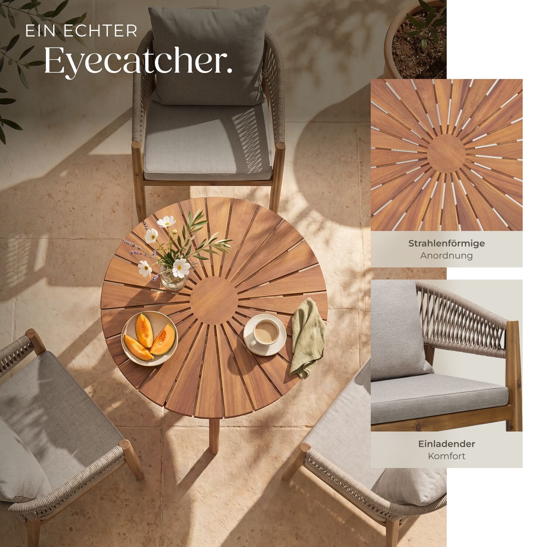 tectake Gartenlounge-Set Runder Tisch aus Akazienholz mit Sonnenmuster, wetterfest, (Balkonmöbel Set 3-Teilig, 3-tlg., in Sand), wasserabweisende Polyesterbezüg – Bild 4 von 5