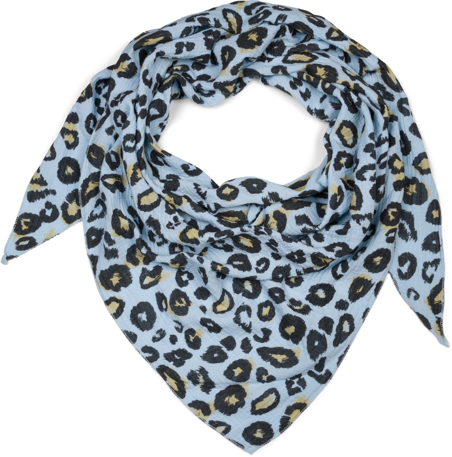 styleBREAKER Dreieckstuch, (1-St), Musselin Dreiecktuch Leoparden Print Hellblau