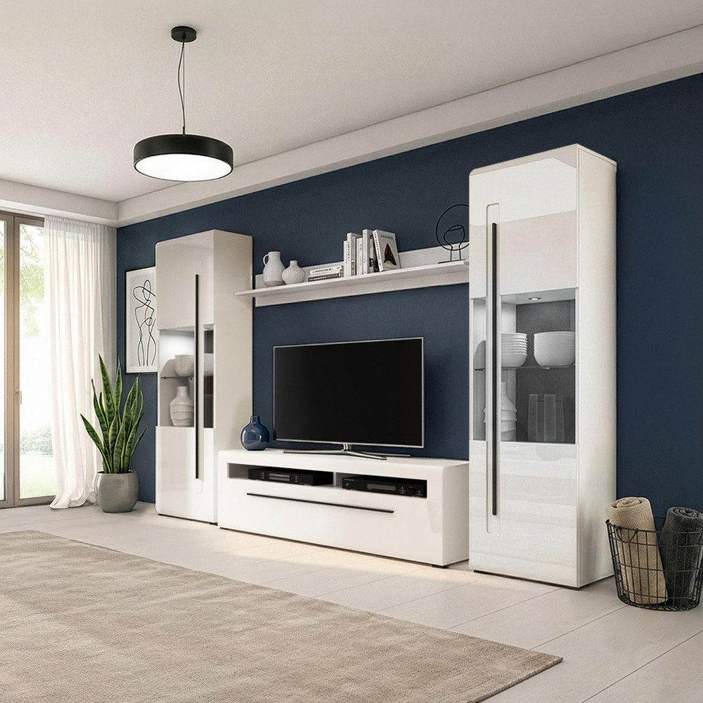 Lomadox Wohnwand TURDA-83, (4-St., Couchtisch Highboard Lowboard Sideboard Vitrine Wandregal), weiß Hochglanz Metallgriffe schwarz modern inkl. LED Beleuchtung