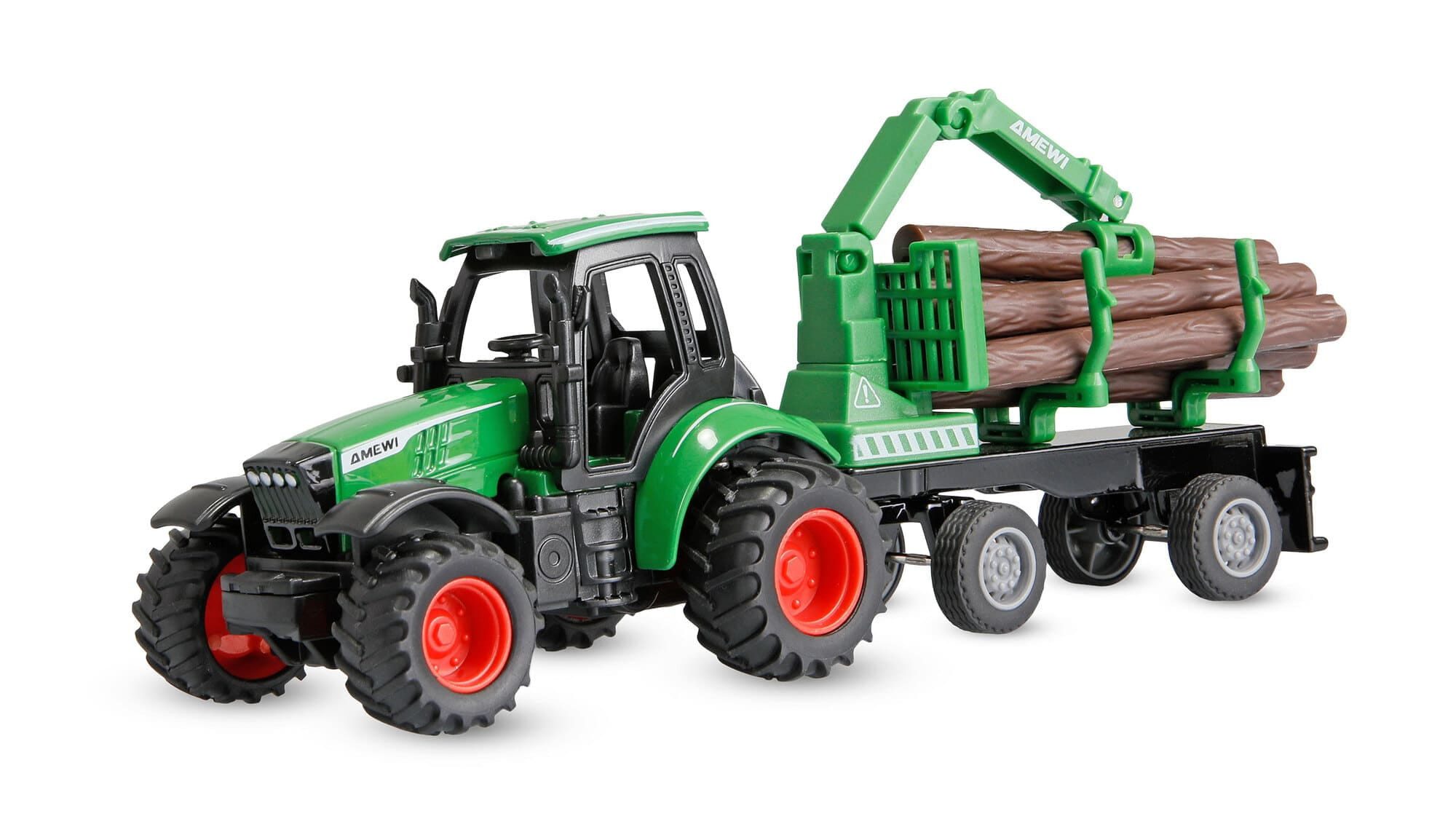 Amewi Spielzeug-Traktor Amewi Traktor 1:64 RC Metall mit Rückeanhänger Ladekran Akku LED RTR