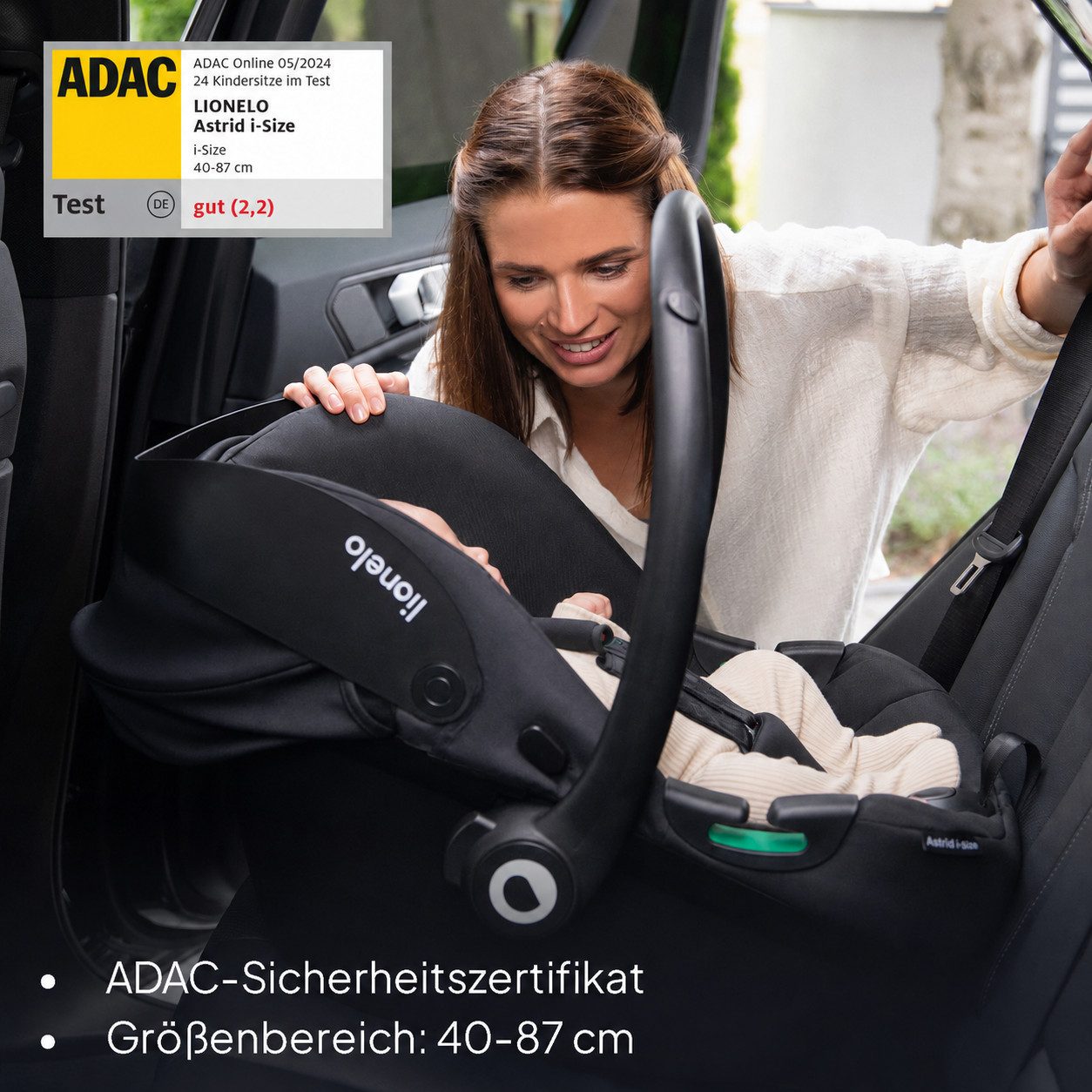 lionelo Babyschale ASTRID I-SIZE, ab: ab Geburt, bis: bis 87 cm, ab: 40,00 cm, bis: 87,00 cm, (Set), Sehr stabiler Träger, Höhenverstellung, Modernes Design