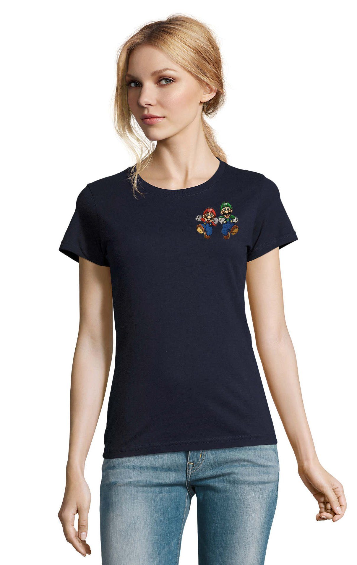 bestickt Damen Yoshi & & Blondie Stick Bowser Gaming T-Shirt Brownie Mario Brust Nintendo Luigi Navyblau