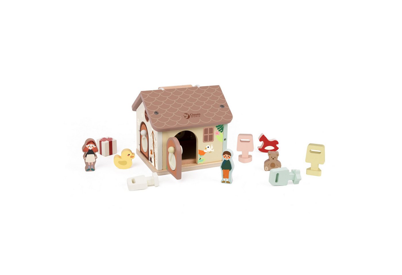Classic World Puppenhaus Classic World - Abschließbares Holzhaus - 16,8x15x21,4cm +18M, (11-tlg)