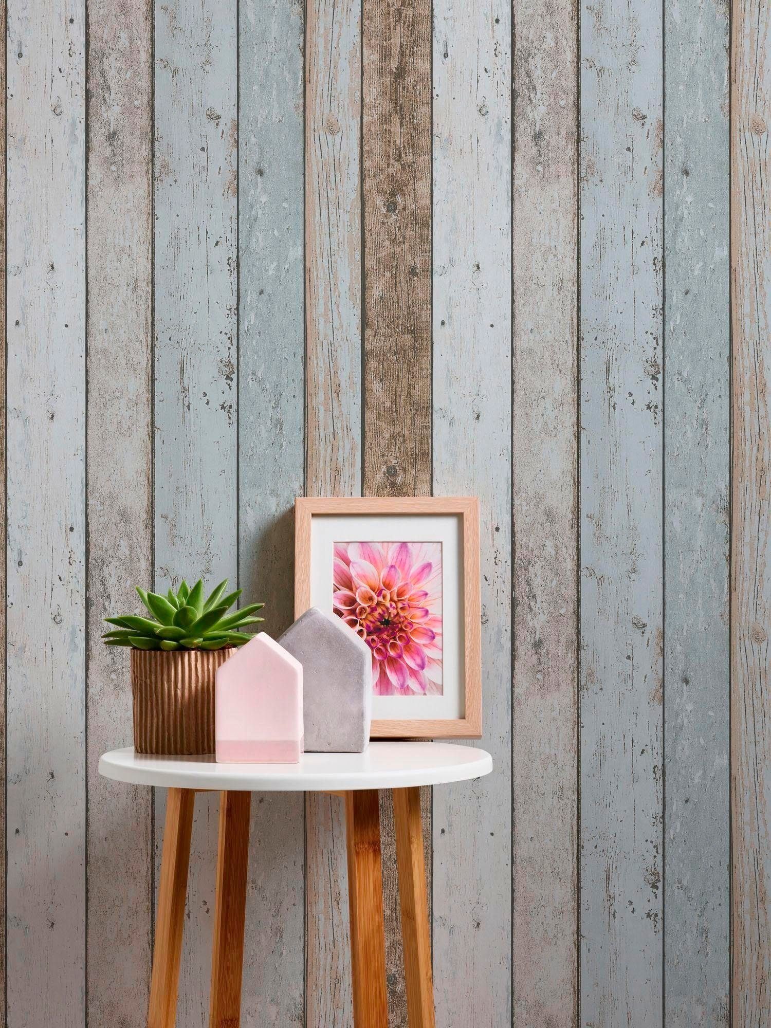 living walls Papiertapete Il Decoro, leicht strukturiert, gestreift, realistisch, Holz, Streifen Tapete Holzoptik Tapeten Wohnzimmer Schlafzimmer Küche lau