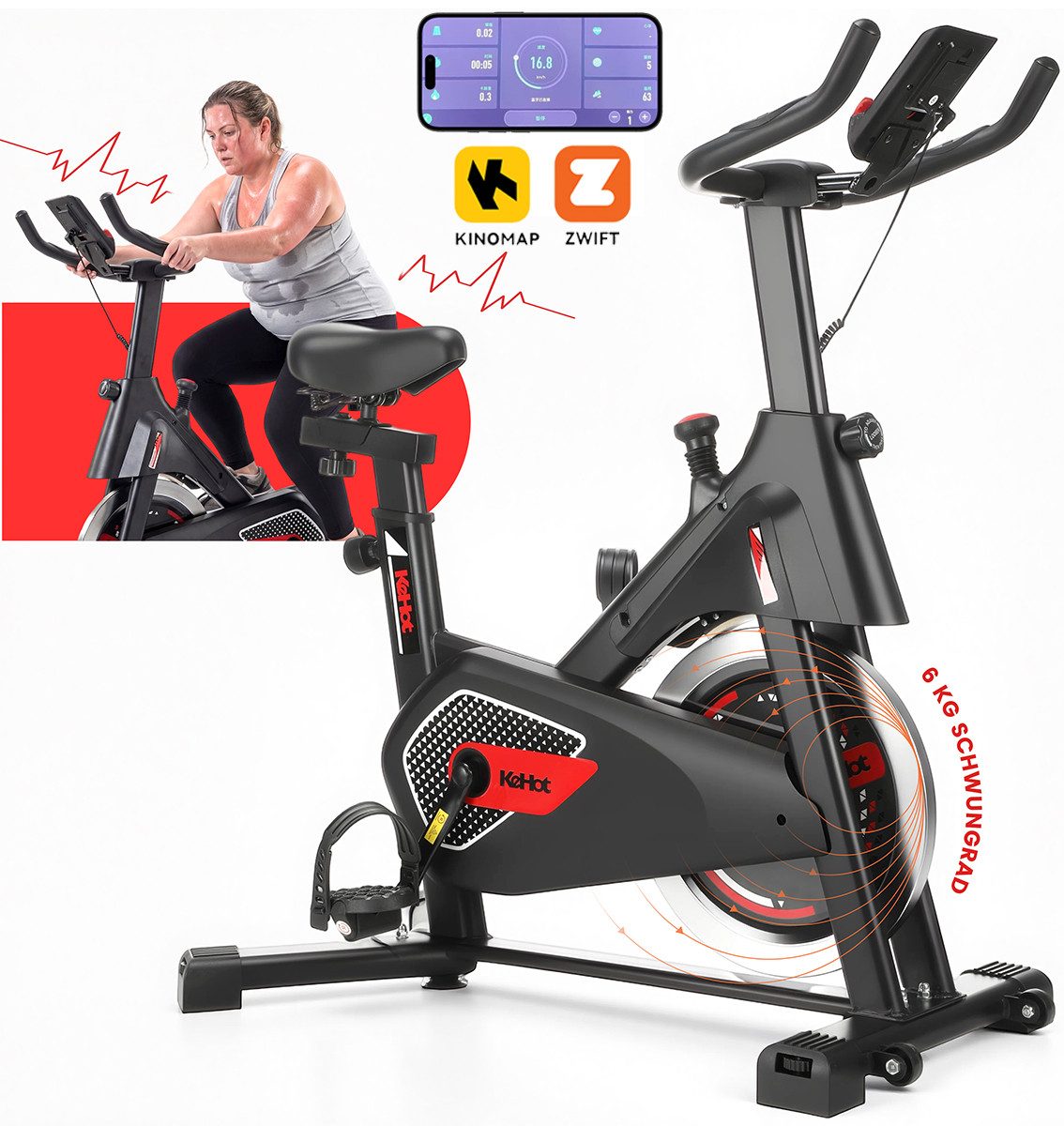 kehot Heimtrainer Heimtrainer Fahrrad für Zuhause – Leise Indoor Cycling Bike (6kg Schwungrad Filzbremse stufenlos Indoor Cycling Fitnessbike, Profi Training hohe Intensität Herzfrequenz LCD präzise Kontrolle), Studio Gefühl robuster Rahmen stabil leiser Lauf für Fortgeschrittene