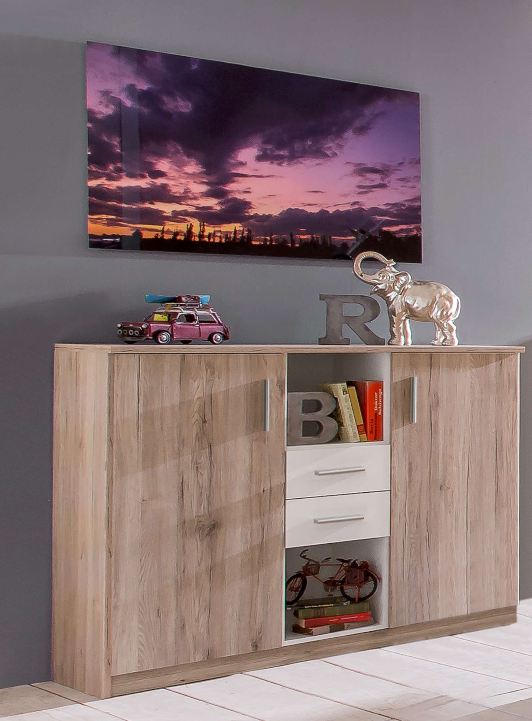 Design, Stauraum, II Soft-Close aus mit Kinderkleiderschrank Holzwerkstoff, Weiß Lio Eiche 2 Stylefy viel (Sideboard, für Modern Schubladen, Kinder - Funktion, Schrank) mit Sanremo