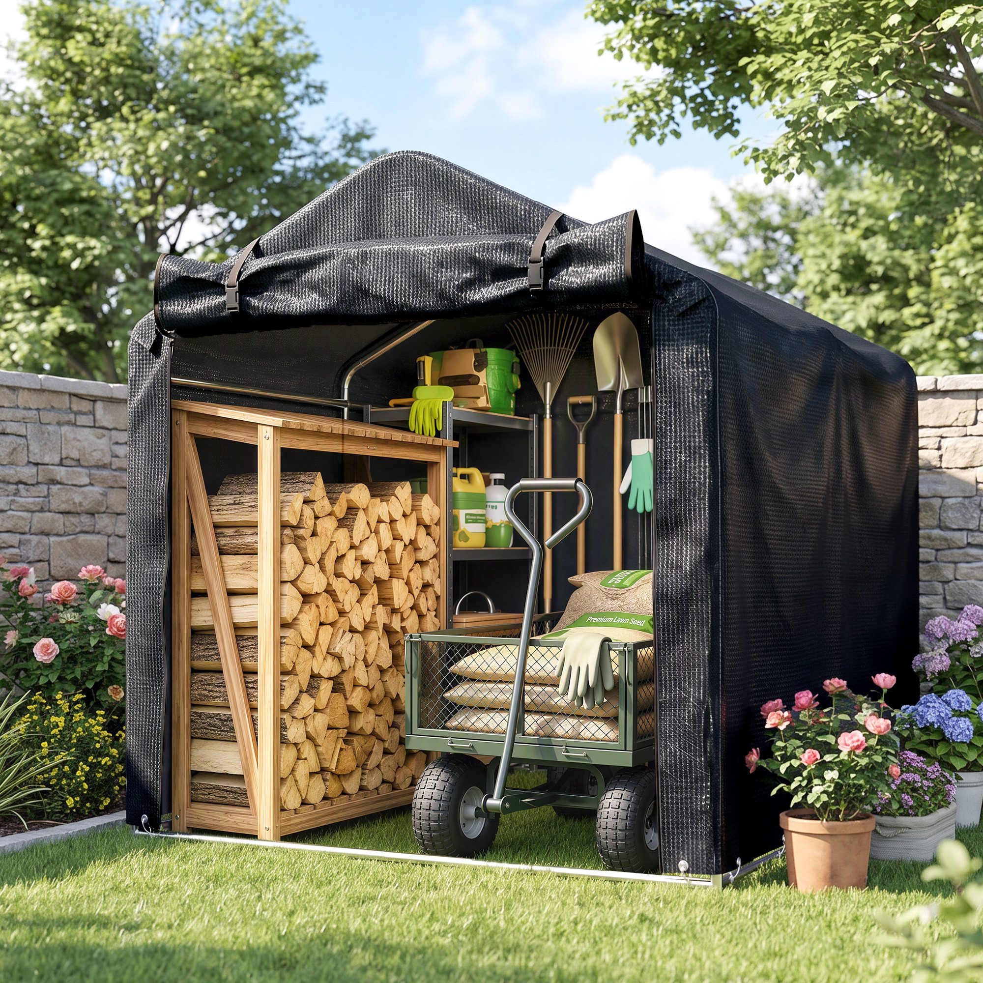 Outsunny Gerätezelt Garagenzelt mit Rolltür, Foliengerätehaus Fahradgarage, Personen: 3 (UV-beständig Fahrradabdeckung, 1 tlg., wasserdicht Zeltgarage), für Terrasse, Garten, 220 x 157 x 165 cm Schwarz