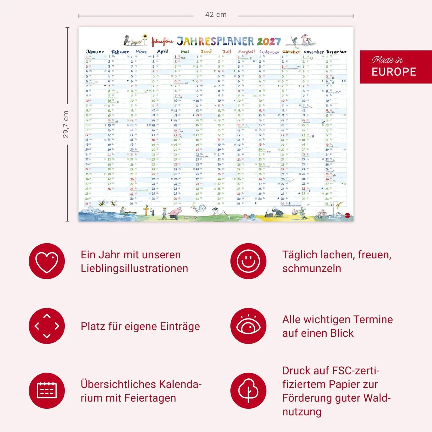 HEYE Wandkalender Helme Heine: Tafelkalender A3 2027 – Bild 2 von 3