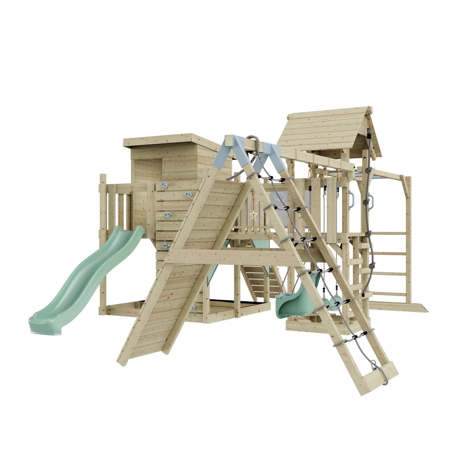 OutdoorToys Spielturm Lars, aus Holz in Mintgrün mit Babyschaukel & Rutsche, Kletterwand
