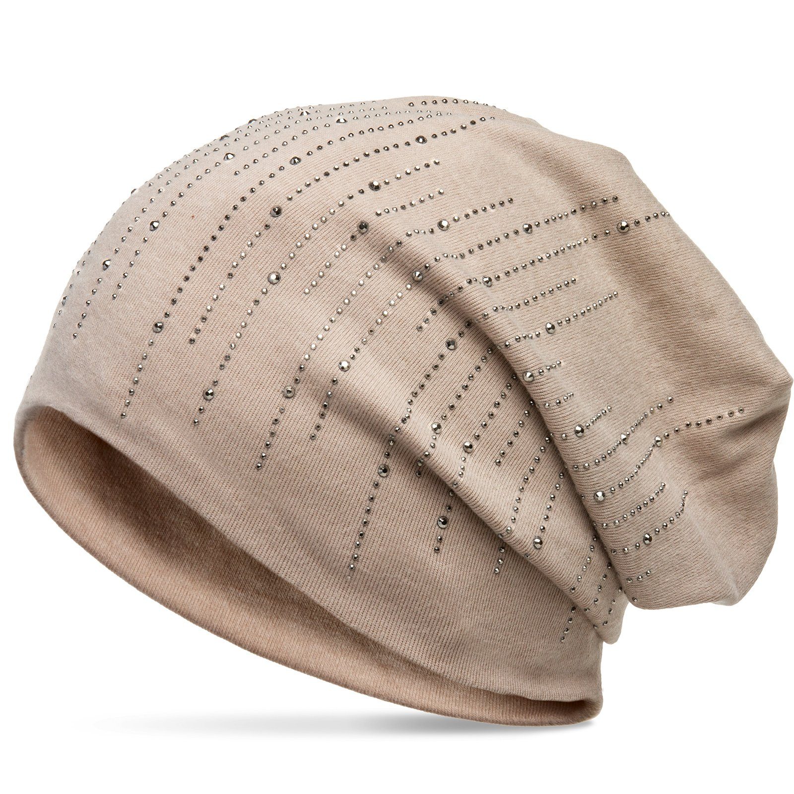 stylischen Mütze MU142 Streifen beige Stoff mit Flanell Beanie Strass Caspar und warmem Beanie