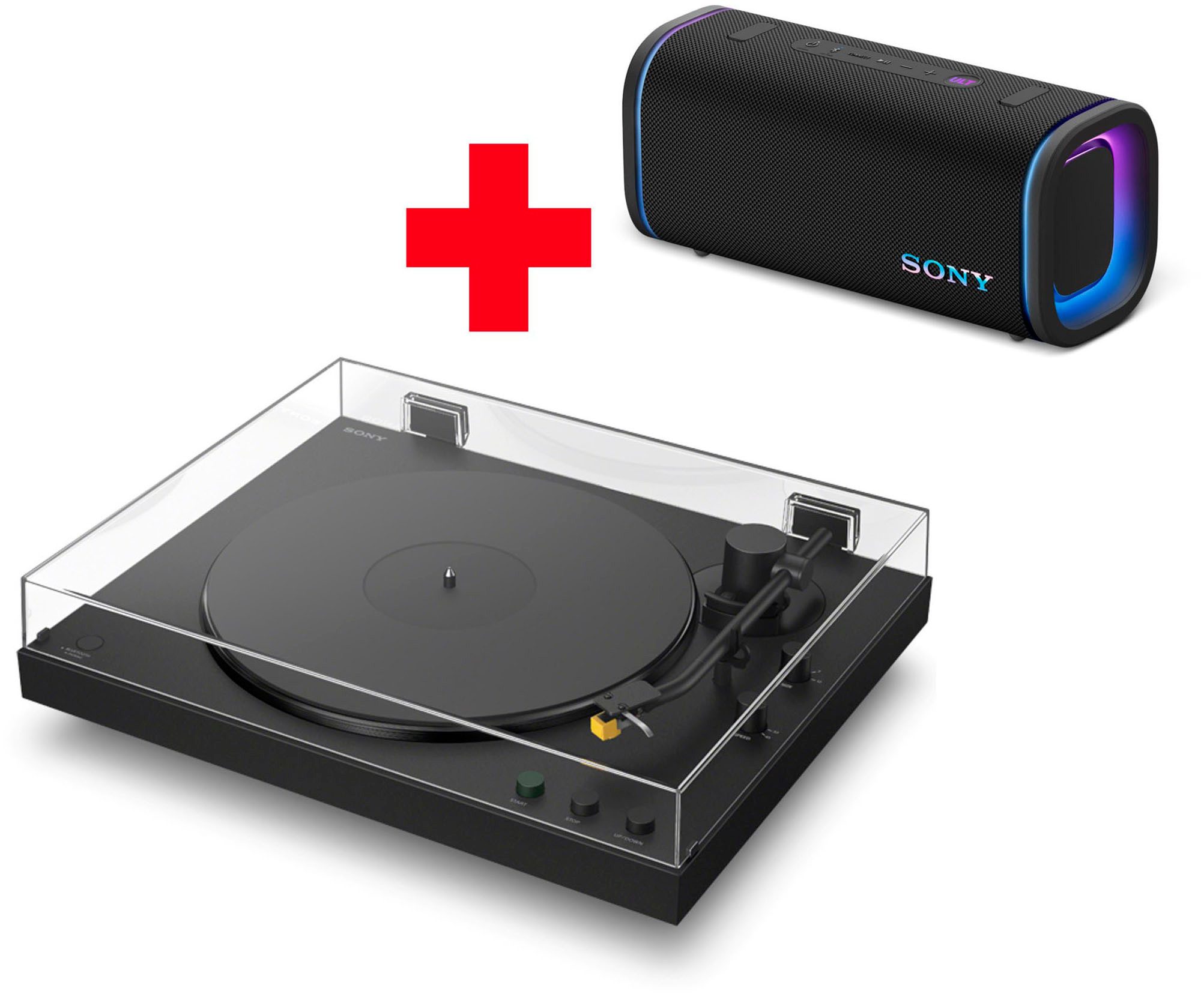 Sony PS-LX5BT Plattenspieler + Field 5 Bluetooth-Lautsprecher Plattenspieler (Riemenantrieb, Bluetooth, Vollautomatik, Riemenantrieb, Tonabnehmer, Hi Res Wi, Phono Vorv)