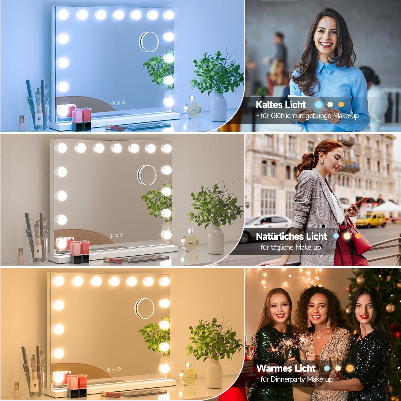 Dripex Schminkspiegel Hollywood Schminkspiegel mit 15/14 LED, für Make-up, 3 Farblichter