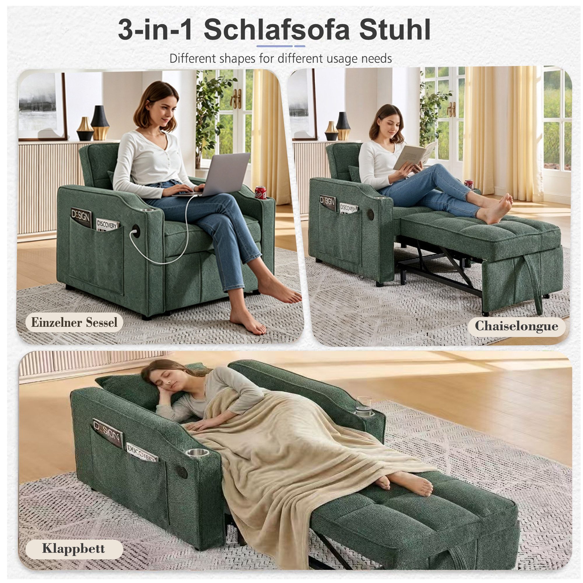 i@home Relaxsessel 1-Sitzer Sofa, faltbares Schlafsofa, Schlafsessel (platzsparend für Wohnzimmer und Schlafzimmer), USB/Type-C Anschluss, Schlafsofa (190cm) Edelstahl-Getränkehalter