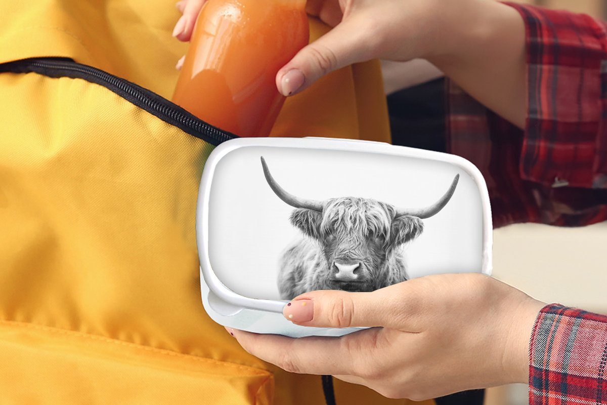MuchoWow Lunchbox Schottischer weiß, Kunststoff, und Schwarz Jungs und für - Tiere Mädchen - für Hörner und Brotdose, Erwachsene, Brotbox - Kinder Highlander (2-tlg)