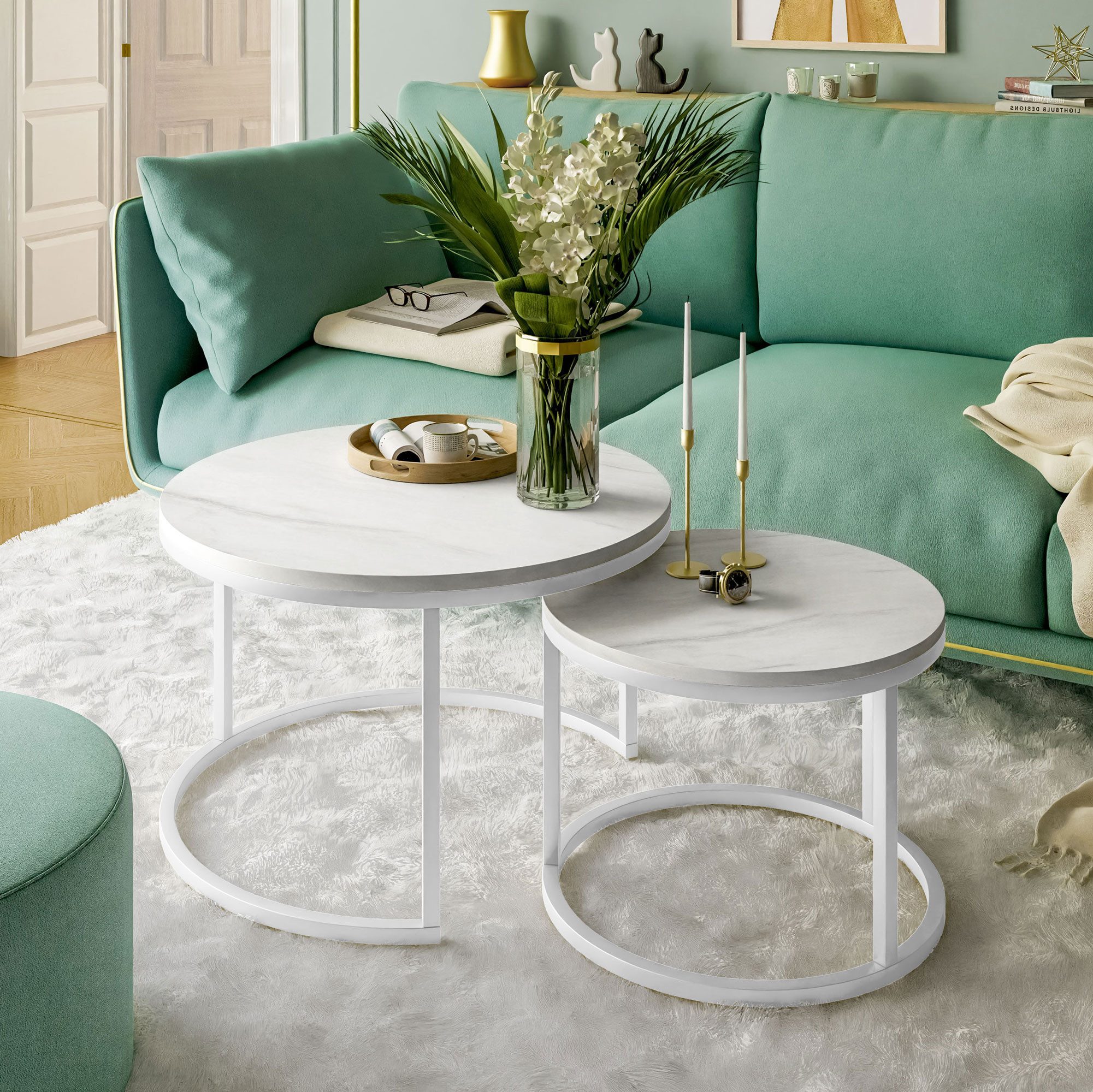 Lookway Couchtisch CIRI 2in1 LEVANTO mit weißem Gestell, runder Couchtisch günstig online kaufen