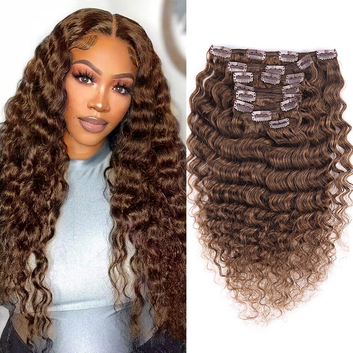 LuxusKollektion Echthaar-Extension Extensions Clip Echthaar Curly 50cm 20 INCH Dunkel Braun-Deep