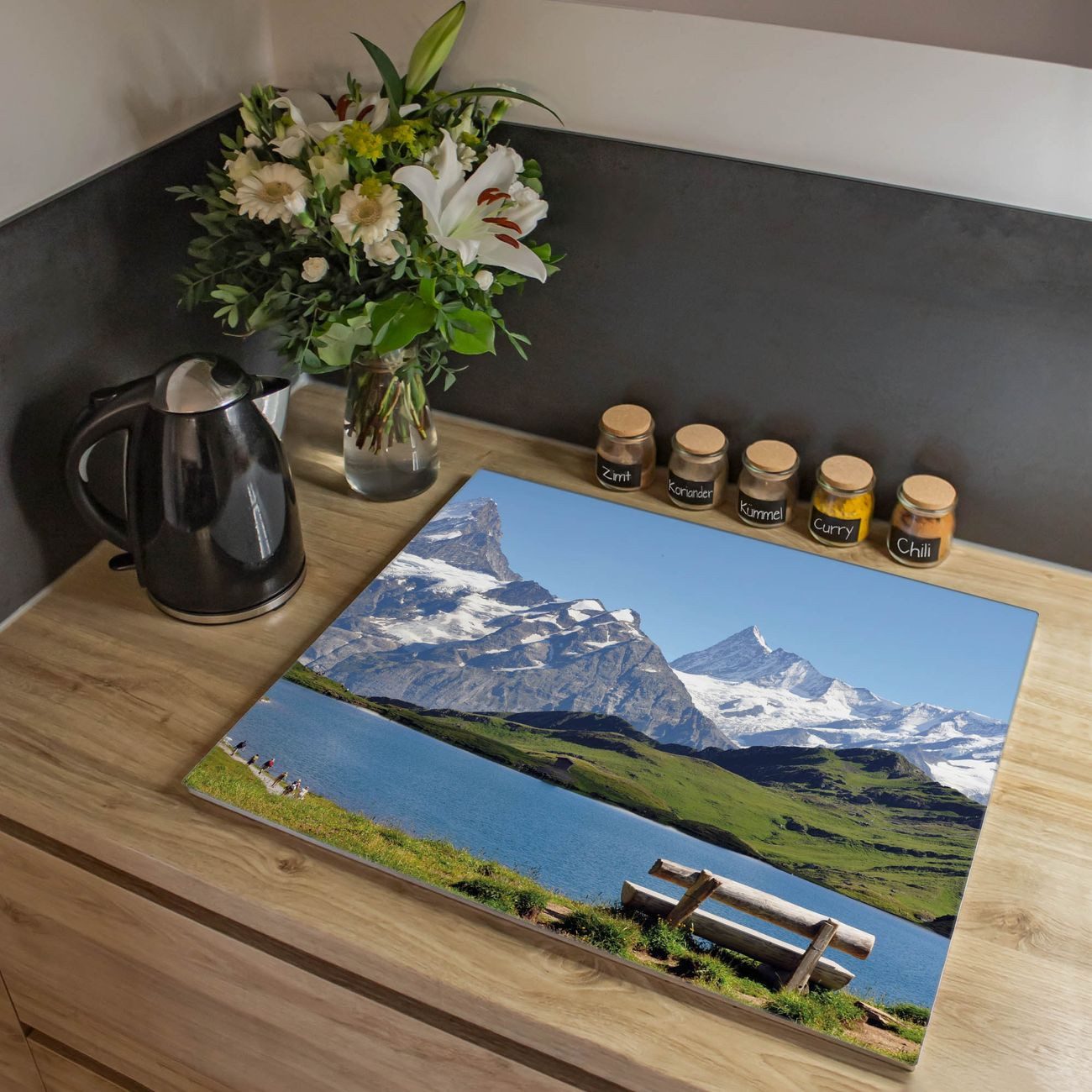 banjado Herd-Abdeckplatte einteilig aus Glas mit Motiv Alpen, (gehärtet, 1 tlg., inkl. selbstklebende Gummifüßchen)