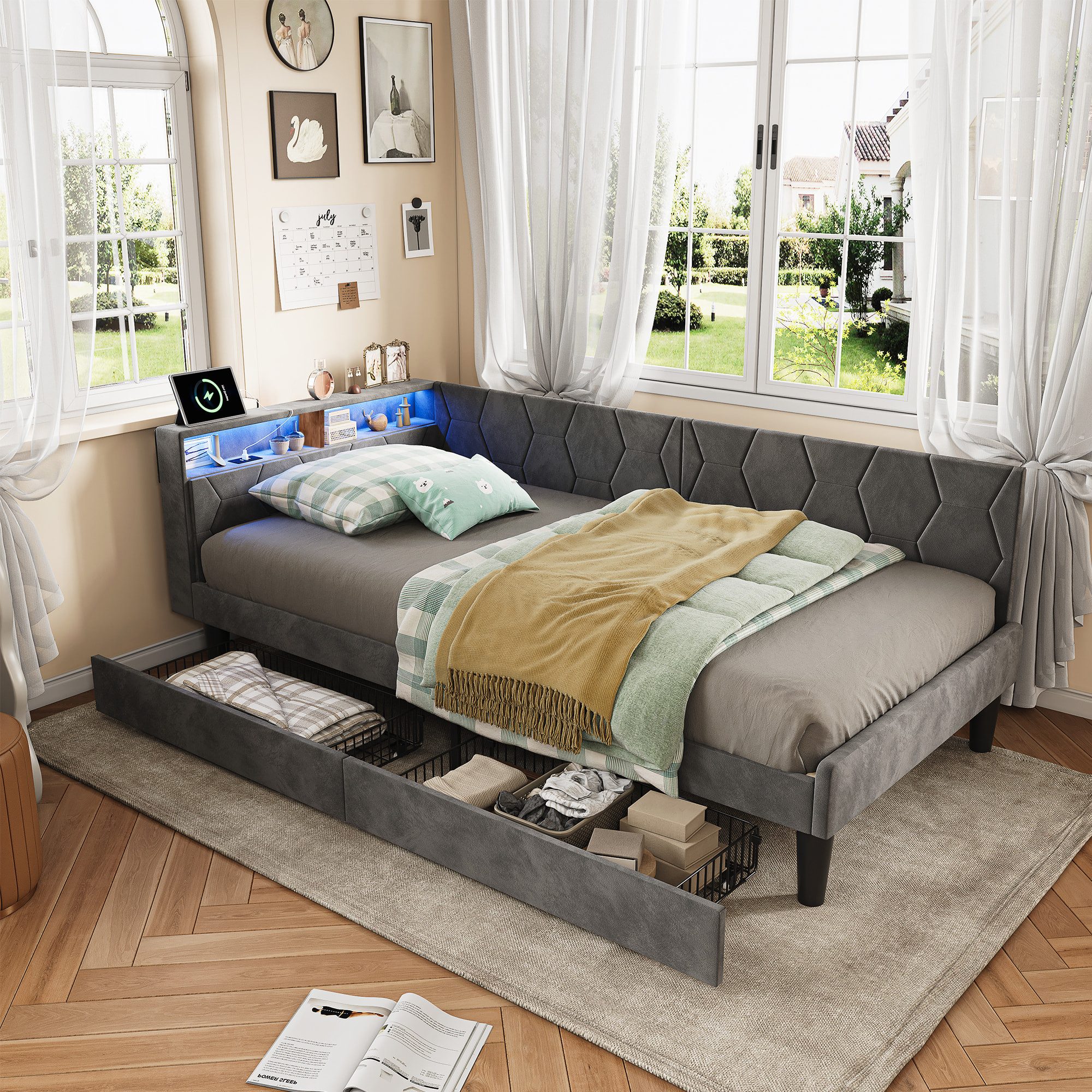 Simurq Daybed Tagesbett 90x200 mit Schubladen, Gästebett, Jugendbett, Polsterbett, Mit Lattenrost, USB Port & LED, samt, L-Form